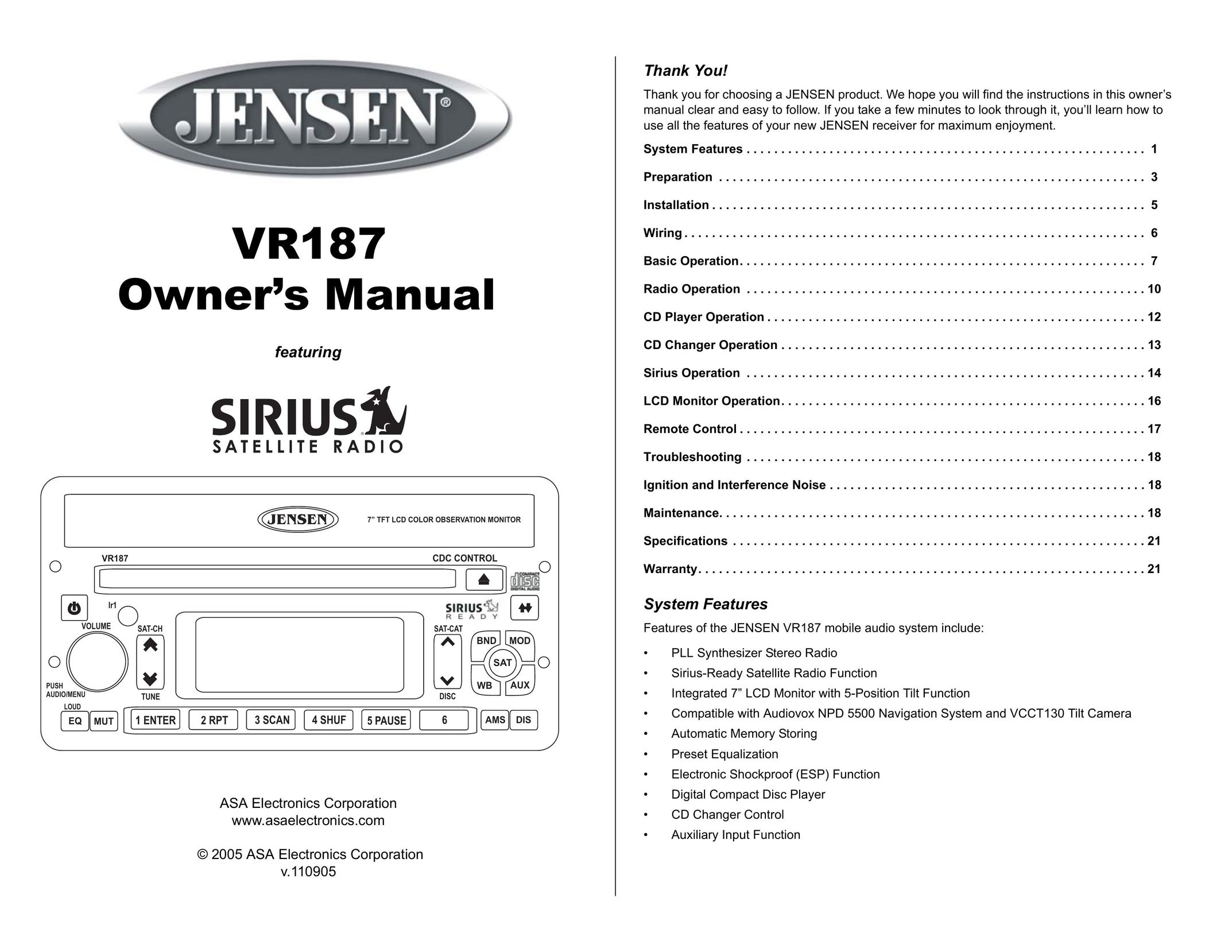 Jensen VR187 Car Satellite Radio System User Manual