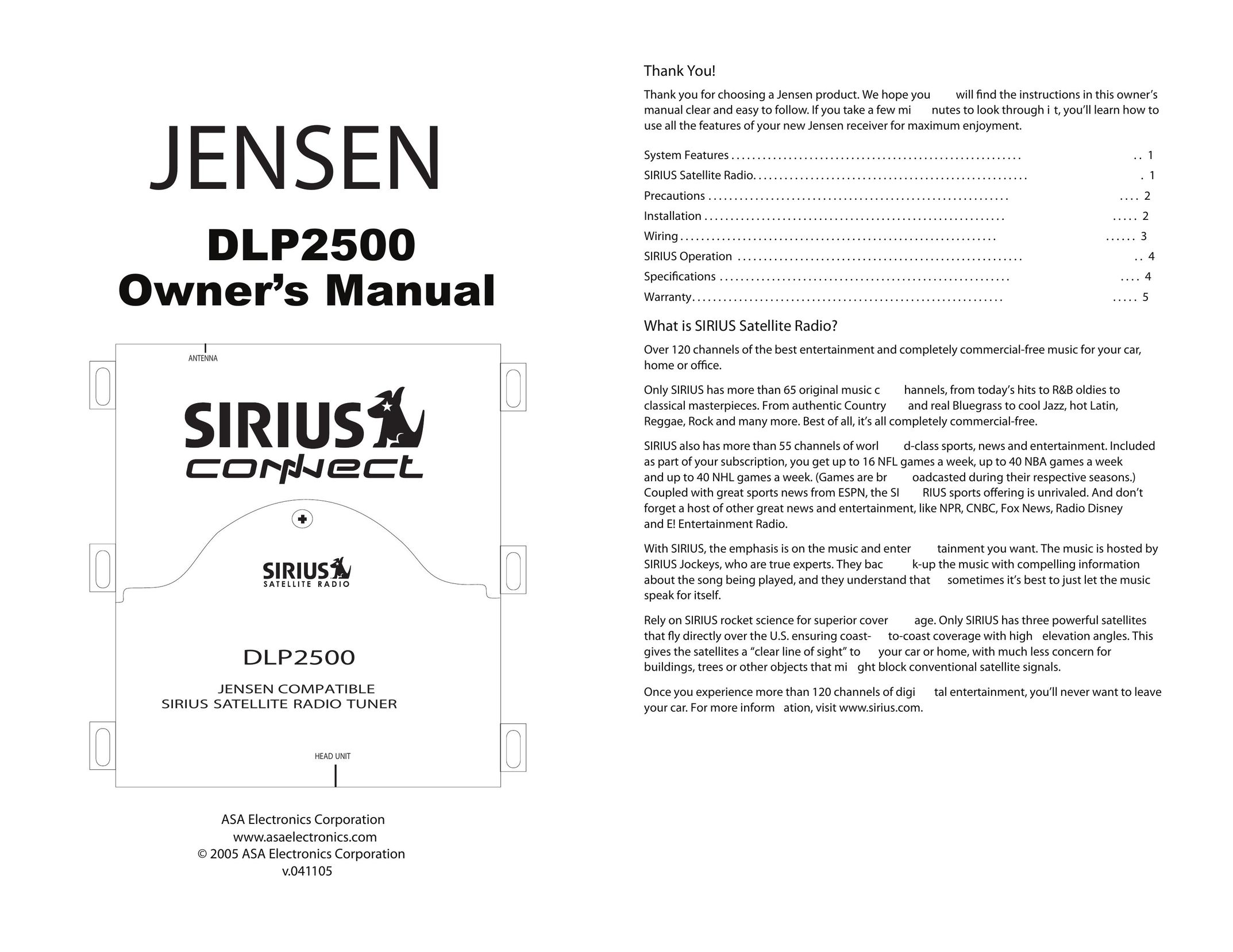 Jensen Tools DLP2500 Car Satellite Radio System User Manual