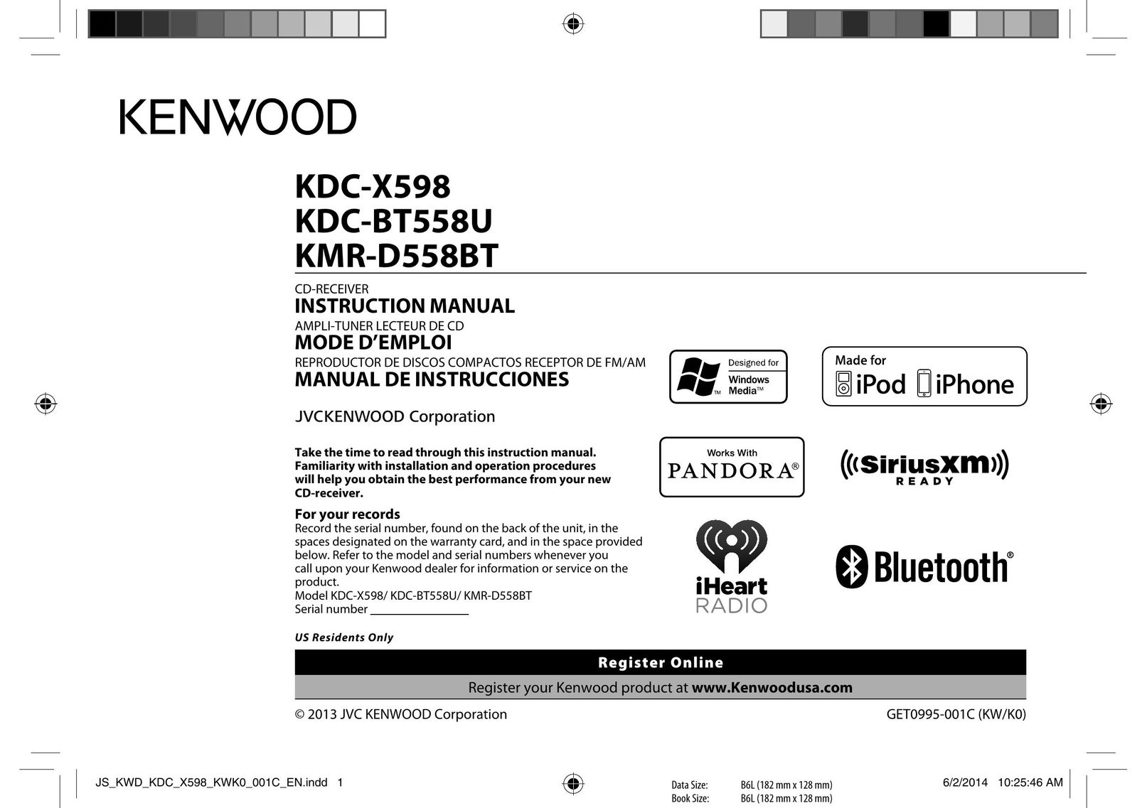 Kenwood KDC-BT558U Car Satellite Radio System User Manual