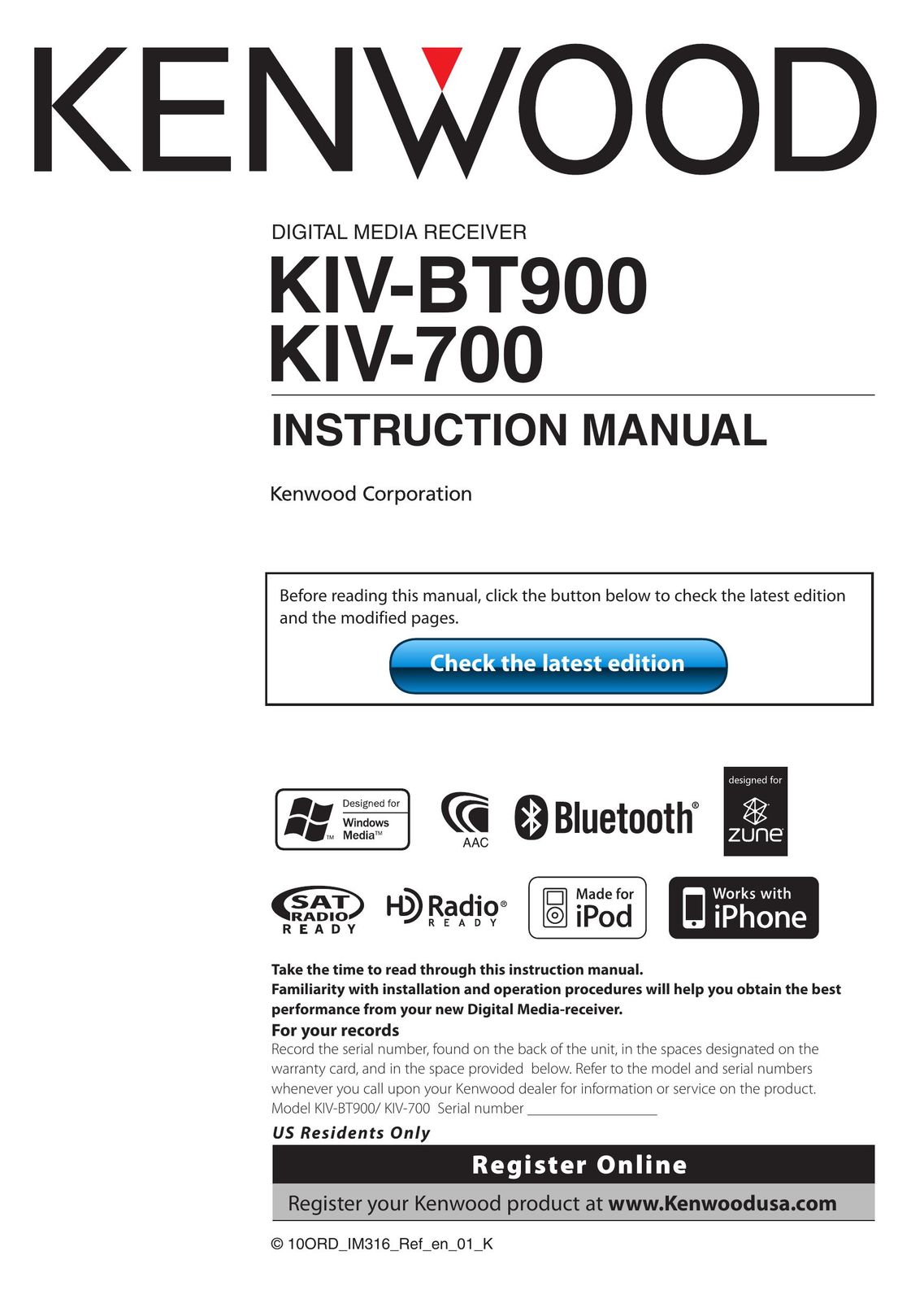 Kenwood KIV-BT900 Car Satellite Radio System User Manual