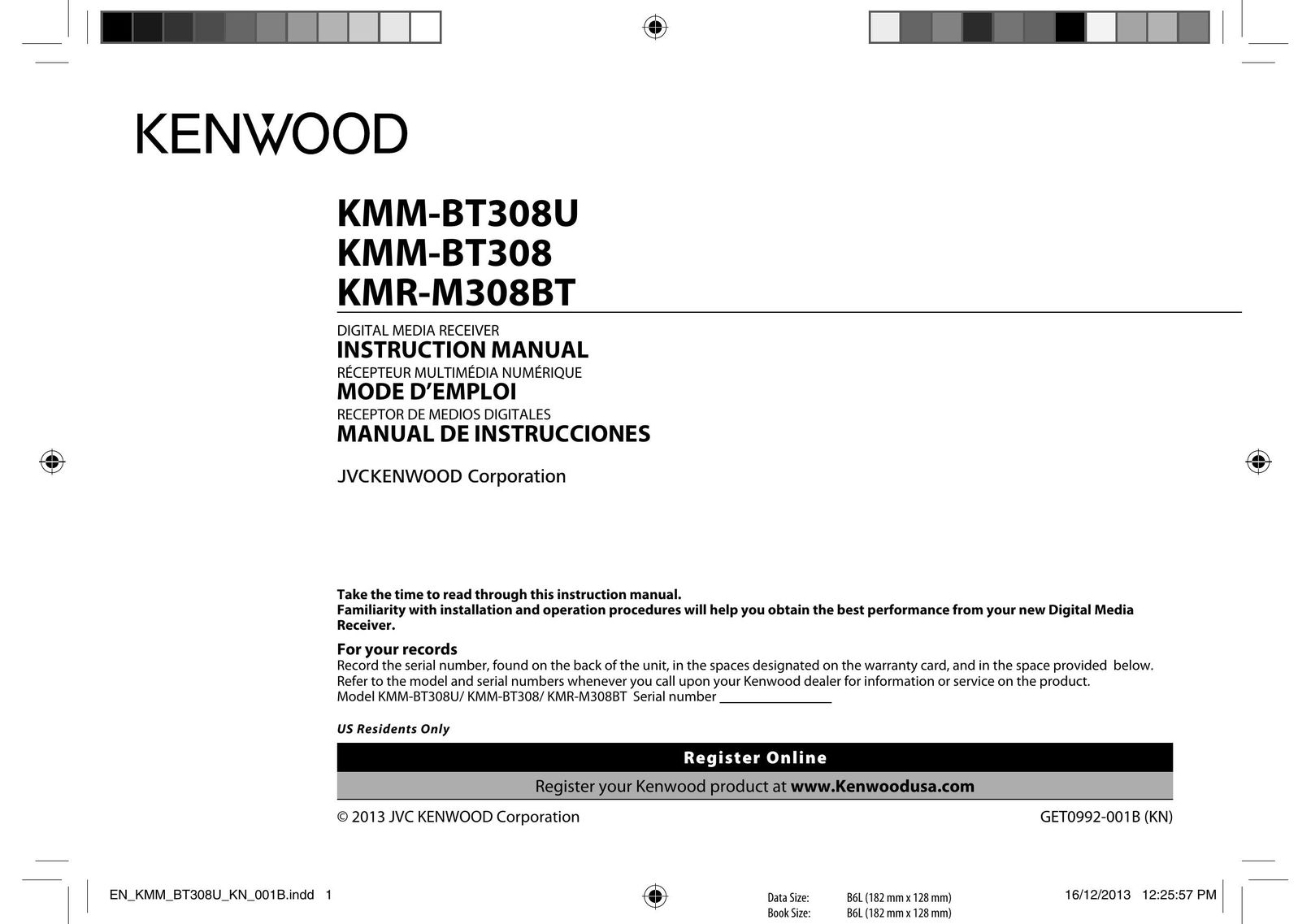Kenwood KMM-BT308U Car Satellite Radio System User Manual