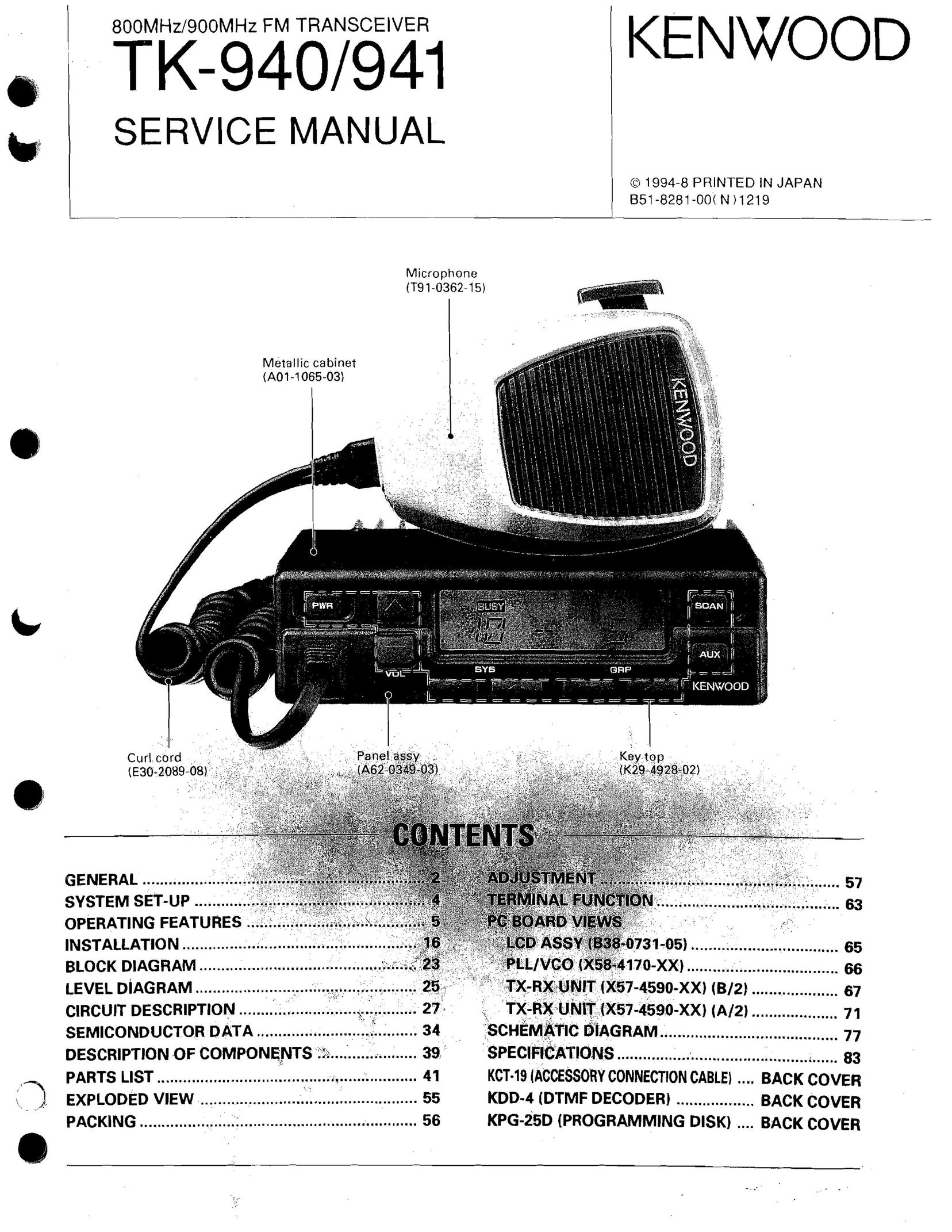 Kenwood TK-940 Car Satellite Radio System User Manual