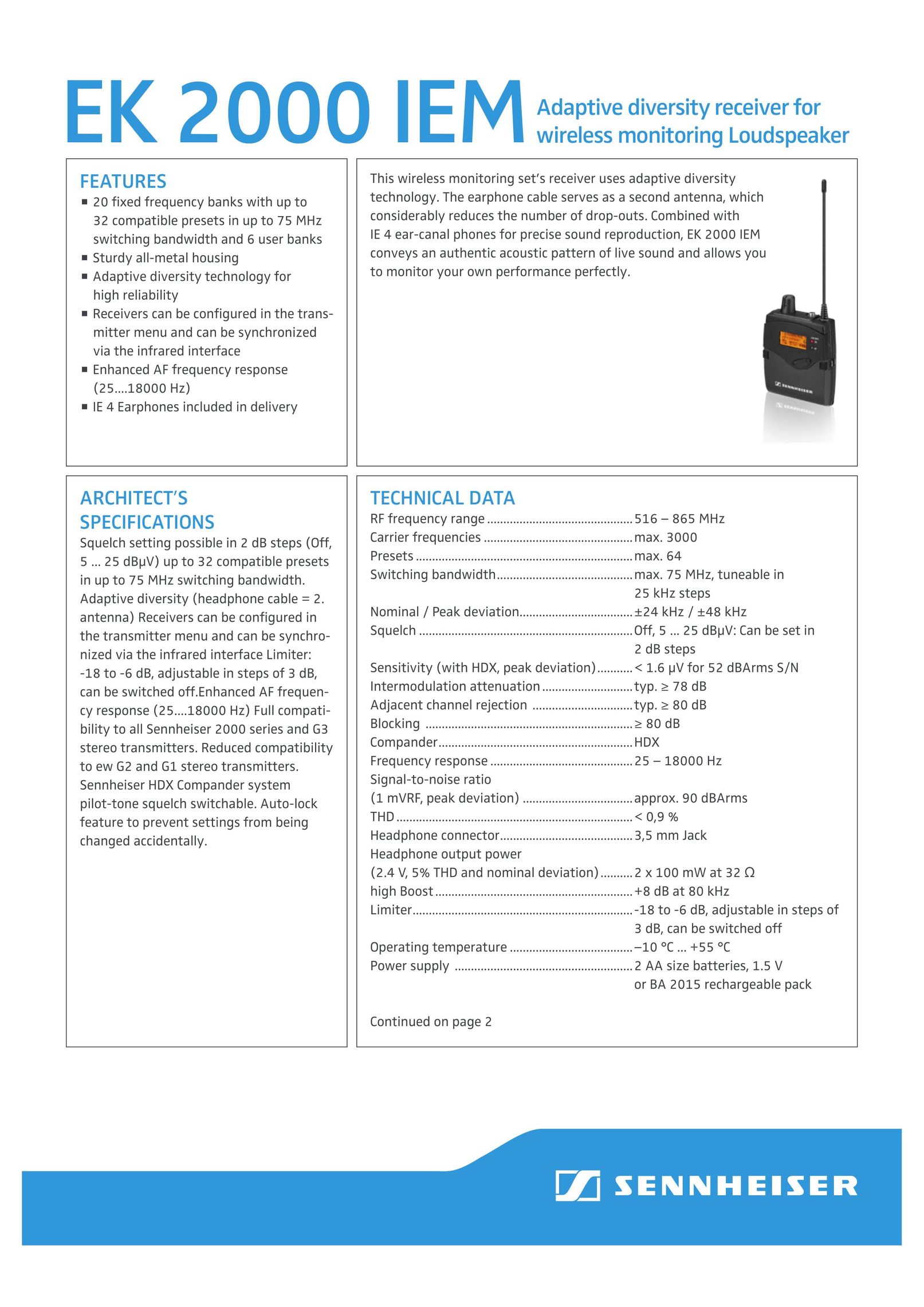Sennheiser EK 2000 IEM-AW Car Satellite Radio System User Manual