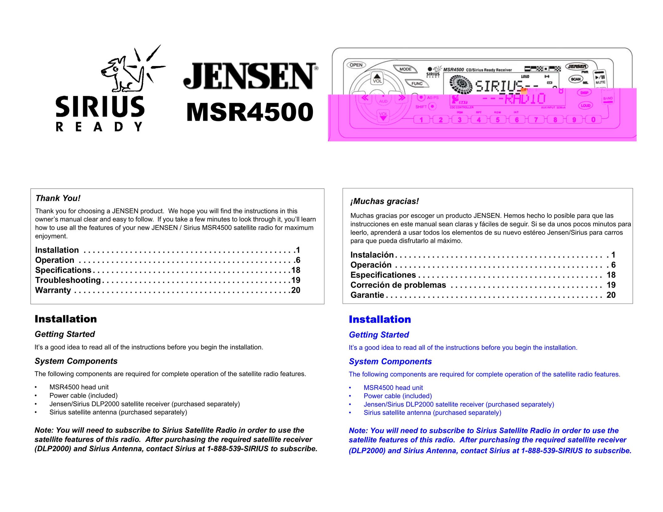 Sirius Satellite Radio MSR4500 Car Satellite Radio System User Manual