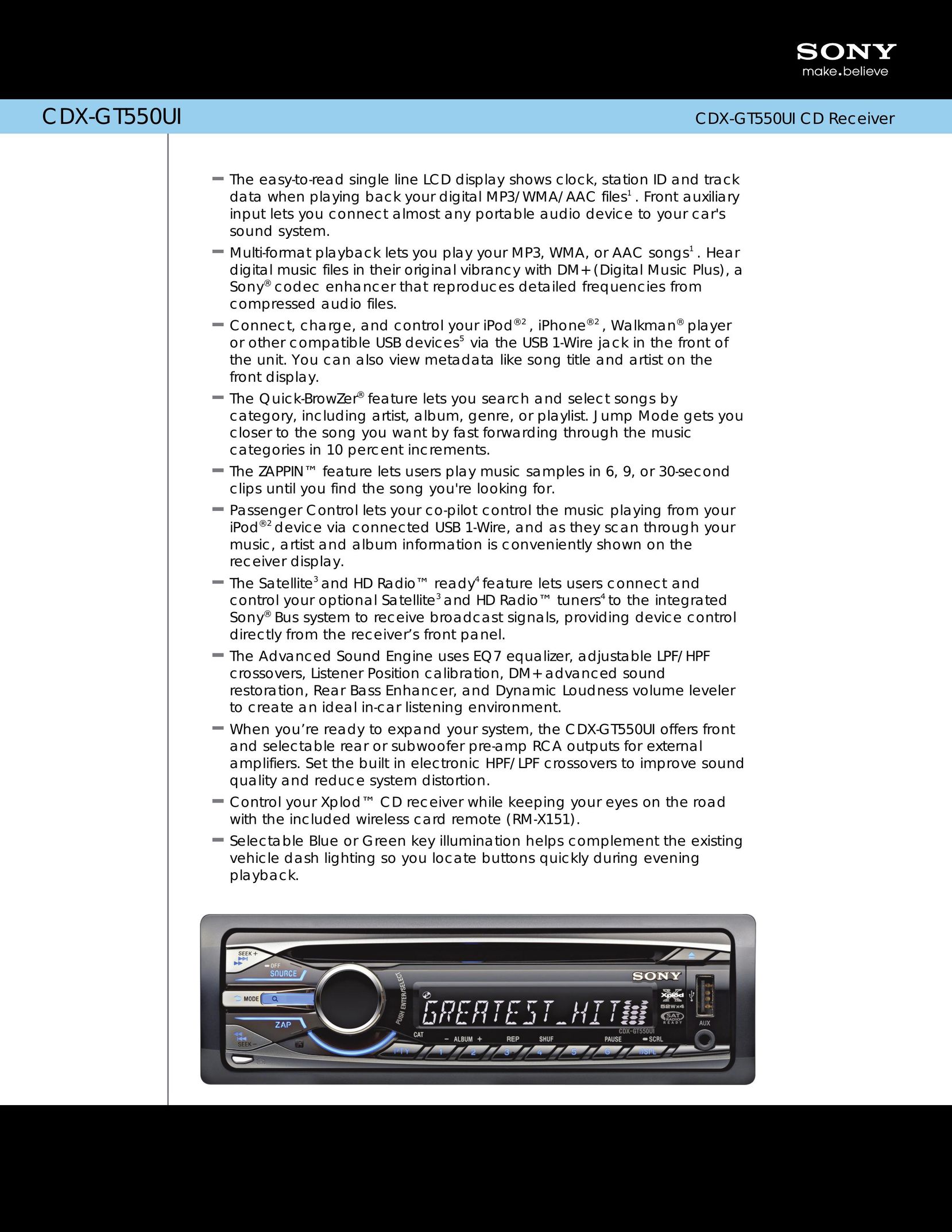 Sony CDX-GT550UI Car Satellite Radio System User Manual