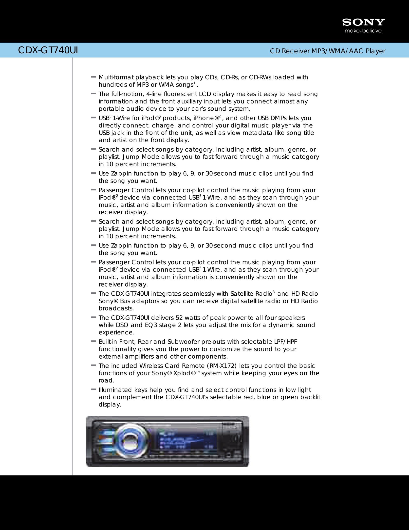 Sony CDX-GT740UI Car Satellite Radio System User Manual