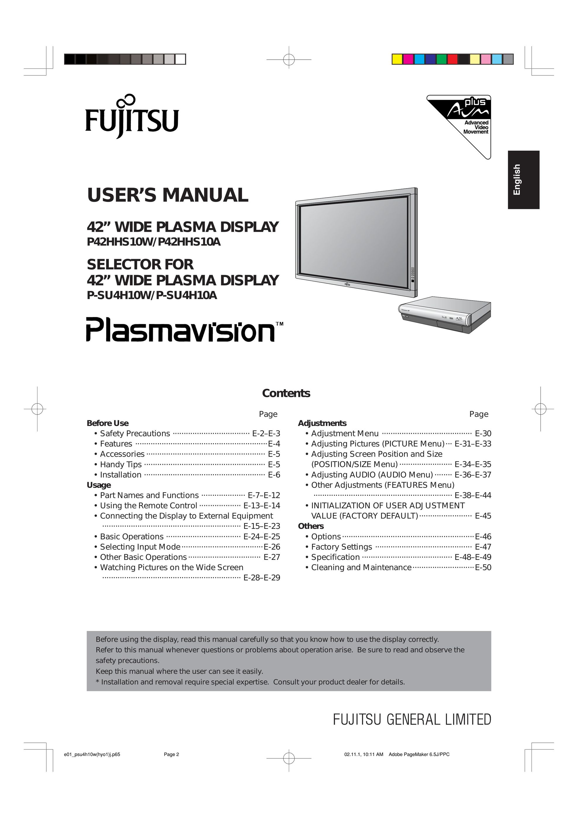 Fujitsu P42HHS10A Car Satellite TV System User Manual