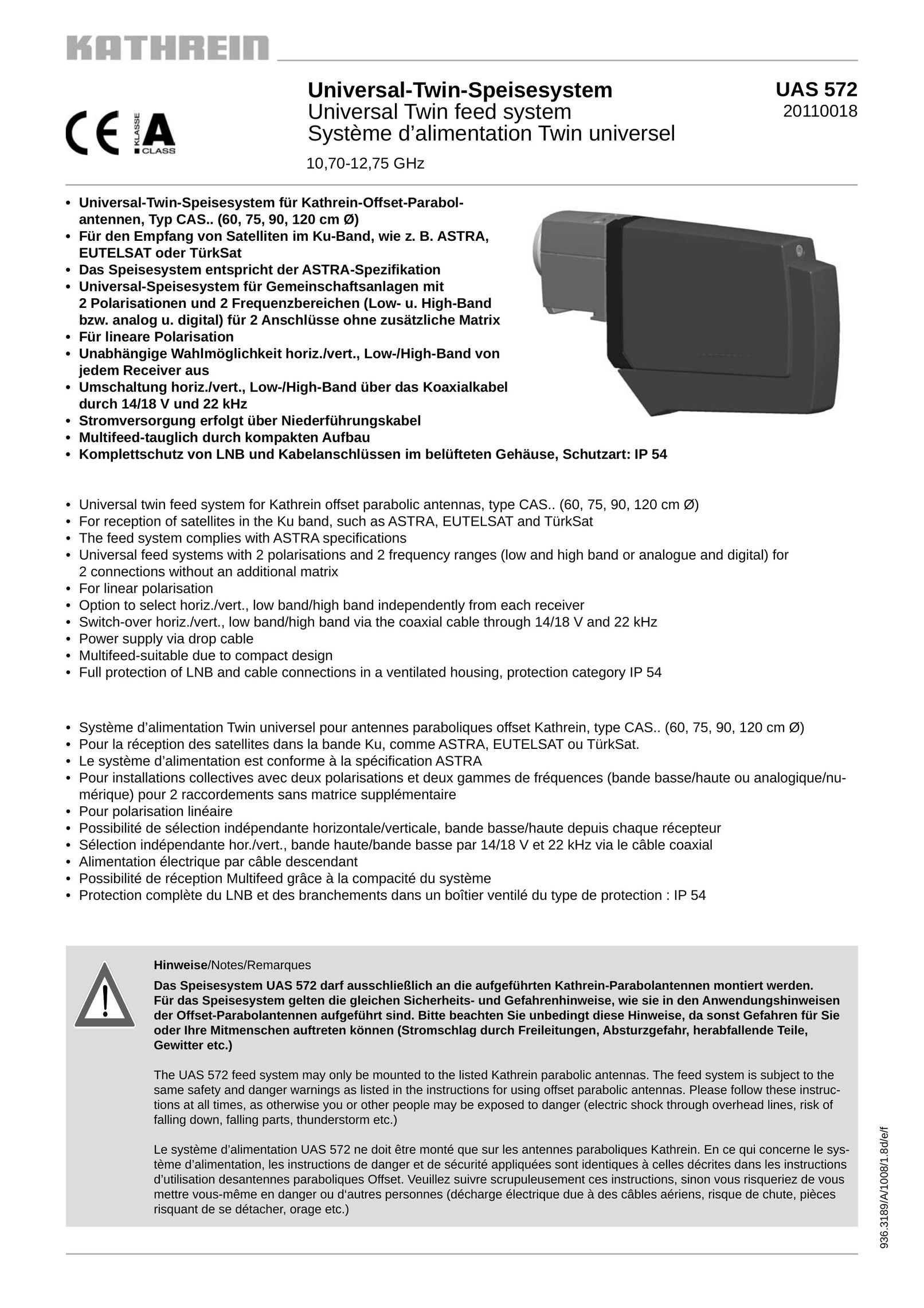 Kathrein UAS 572 Car Satellite TV System User Manual