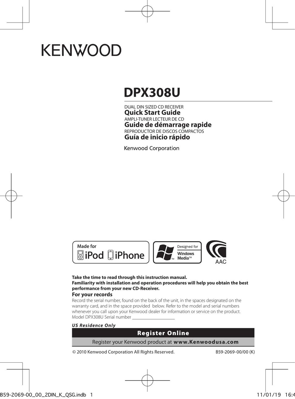 Kenwood DPX308U Car Satellite TV System User Manual