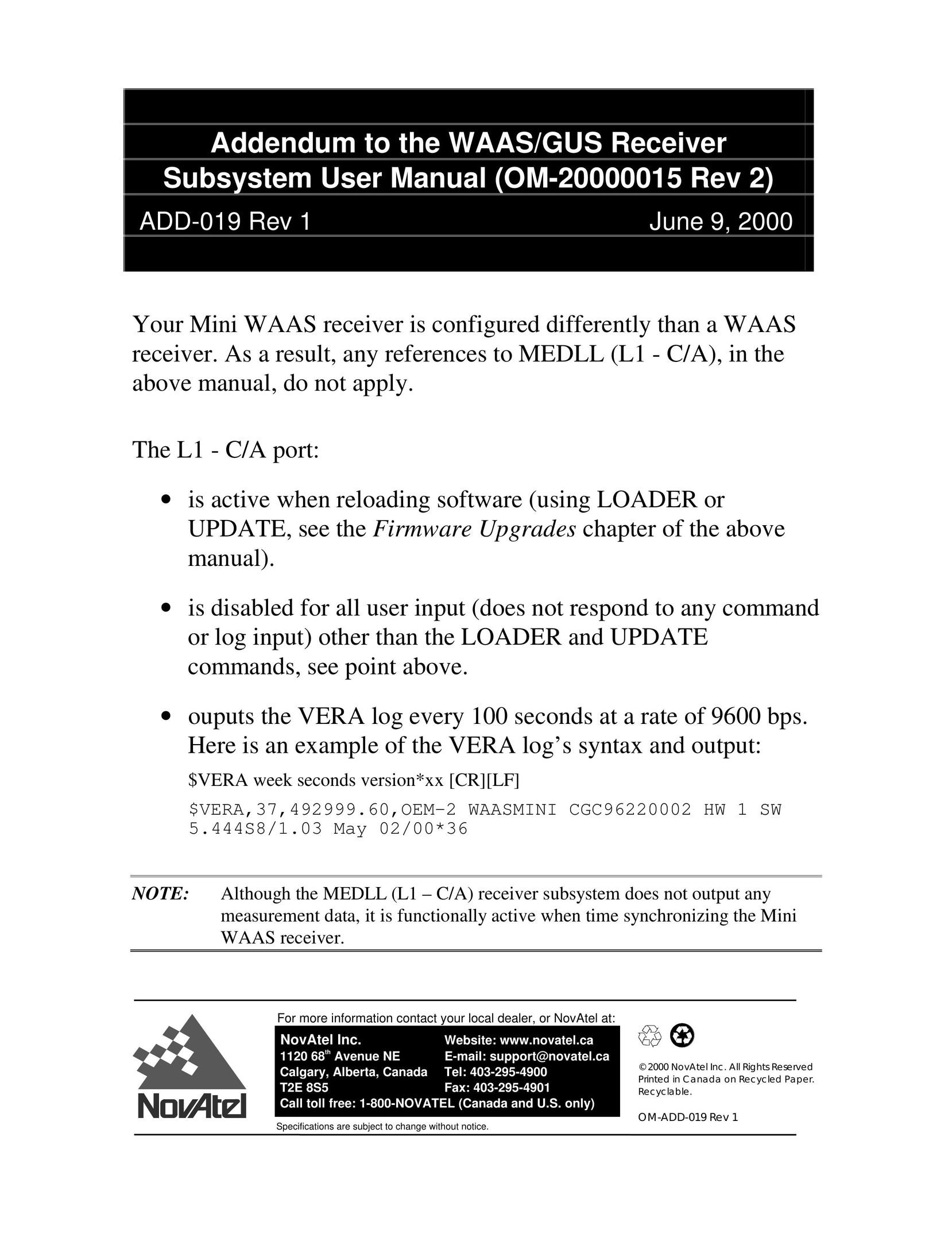 Novatel OM-20000015 Rev 2 Car Satellite TV System User Manual