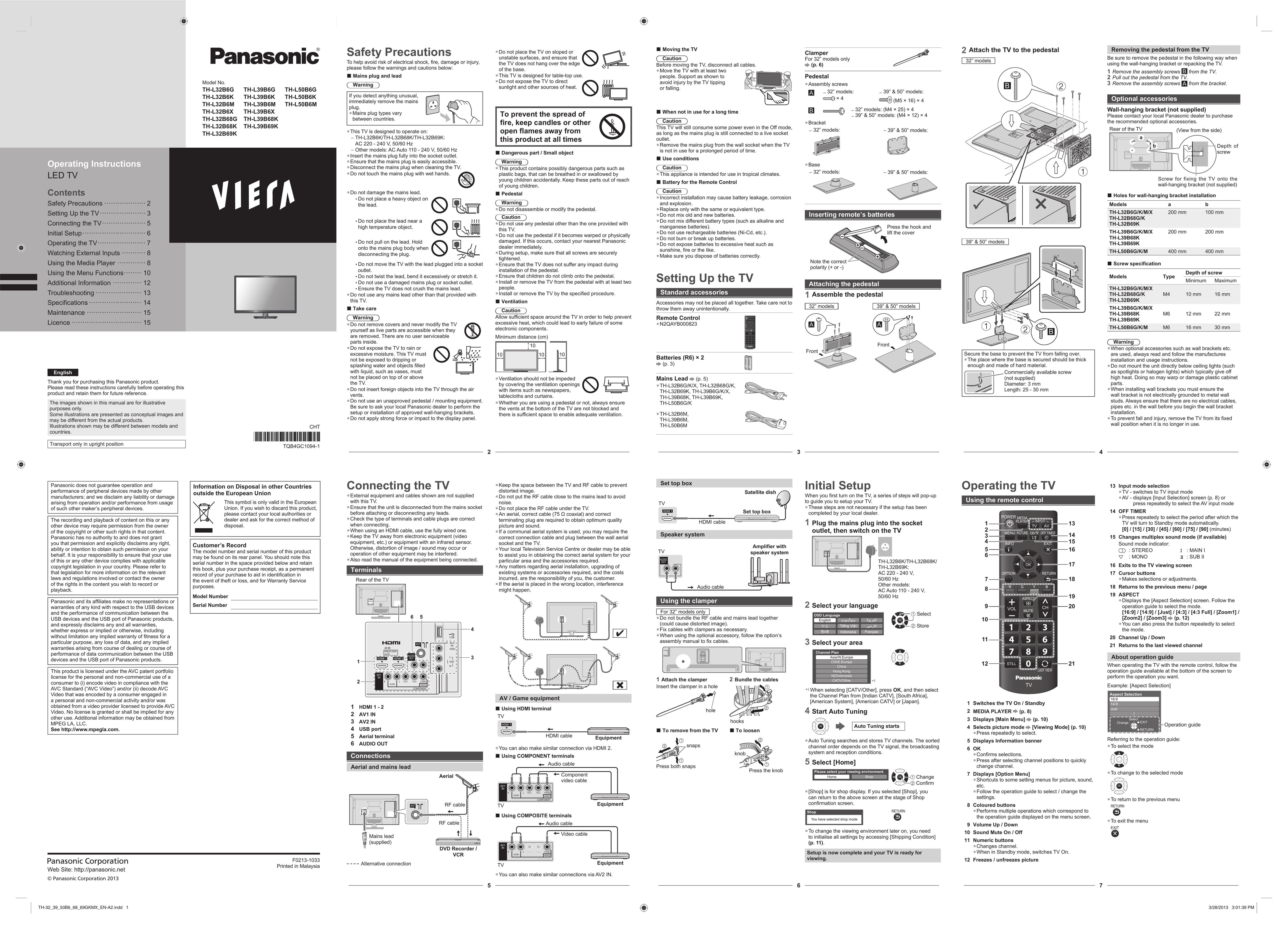 Panasonic TH-39B6G Car Satellite TV System User Manual
