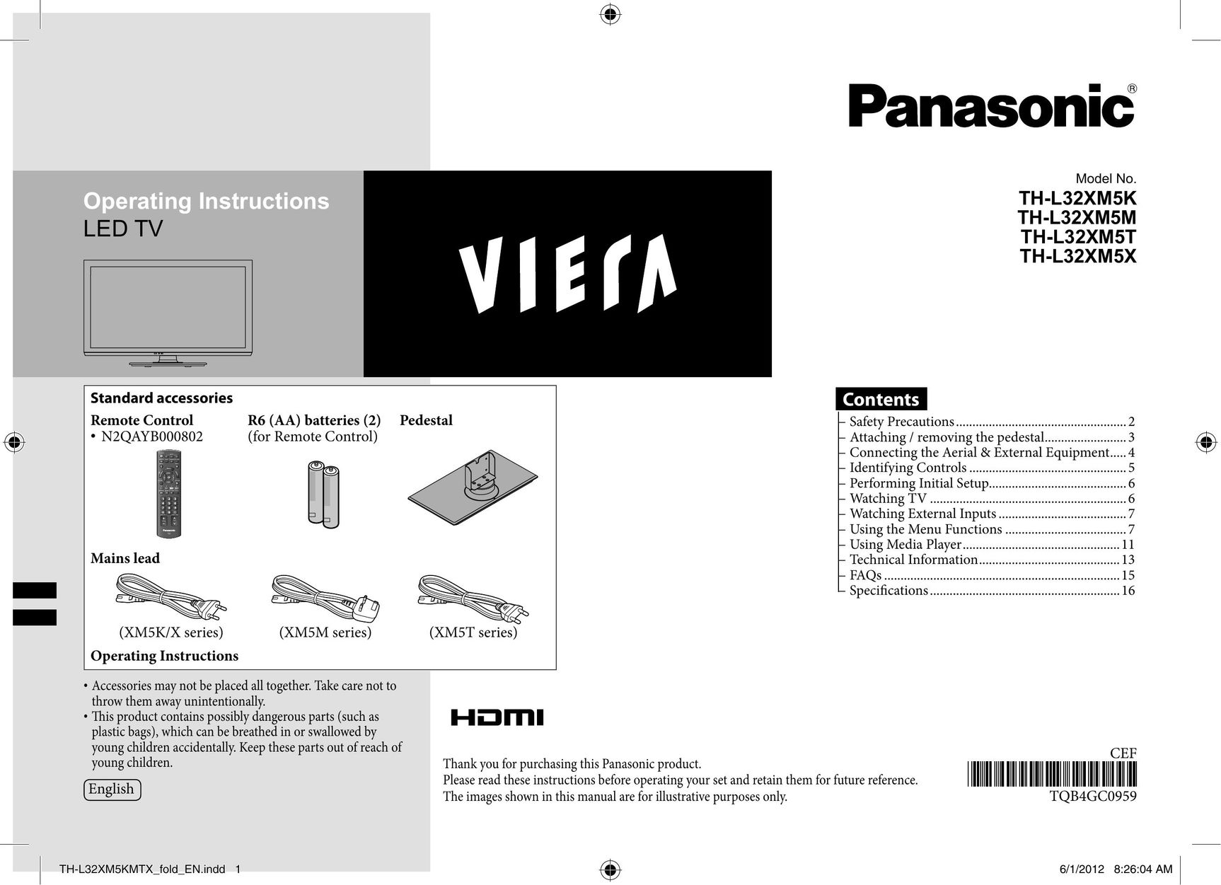 Panasonic TH-L32XM5T Car Satellite TV System User Manual