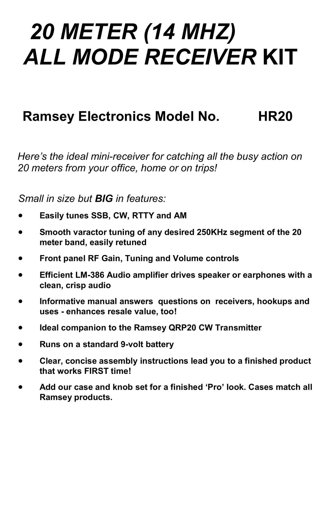 Ramsey Electronics HR20 Car Satellite TV System User Manual