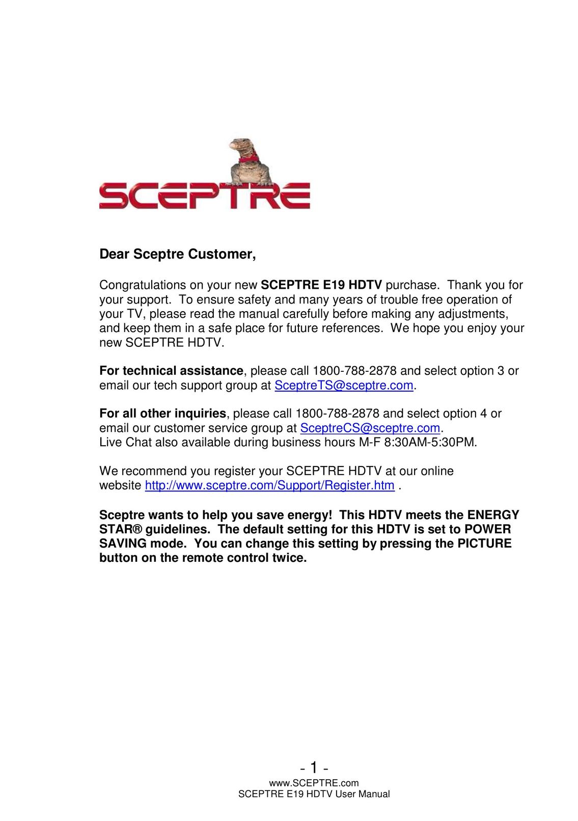 Sceptre Technologies E19 Car Satellite TV System User Manual