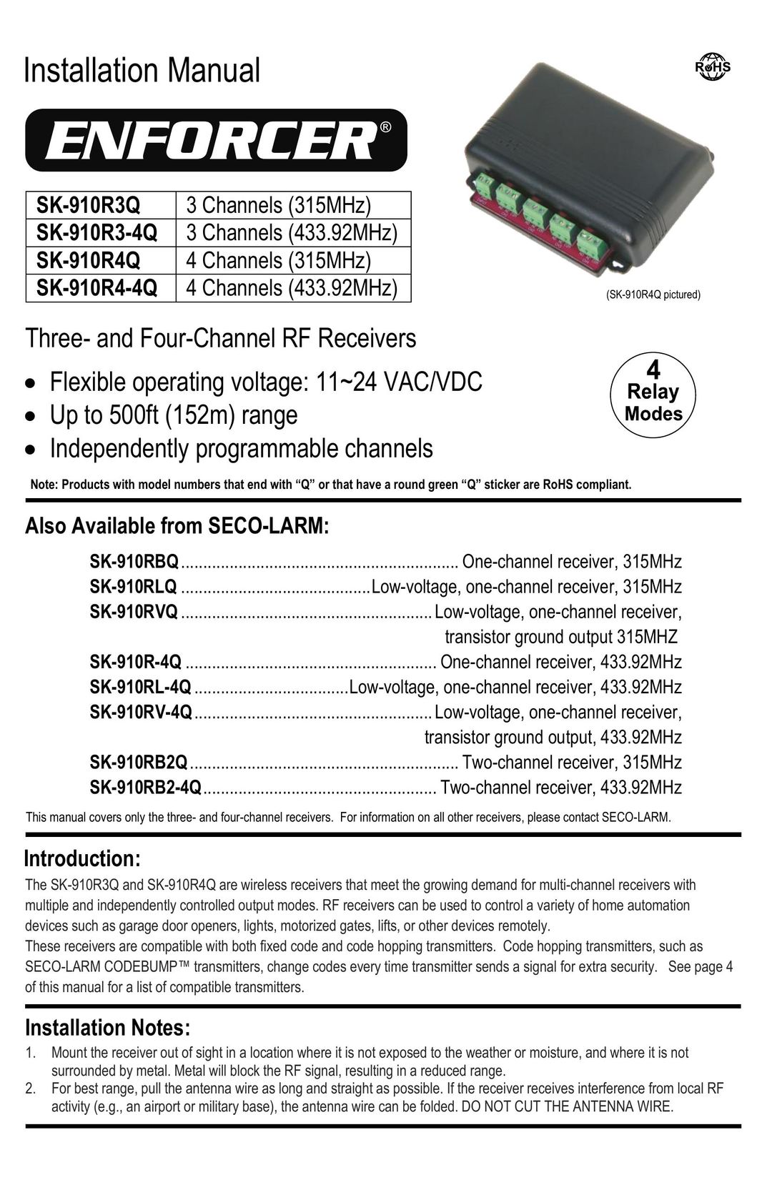 SECO-LARM USA SK-910R3-4Q Car Satellite TV System User Manual