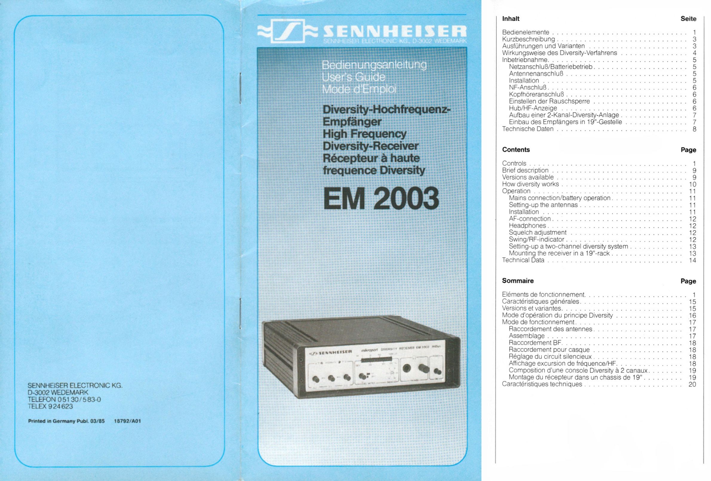 Sennheiser EM2003 Car Satellite TV System User Manual