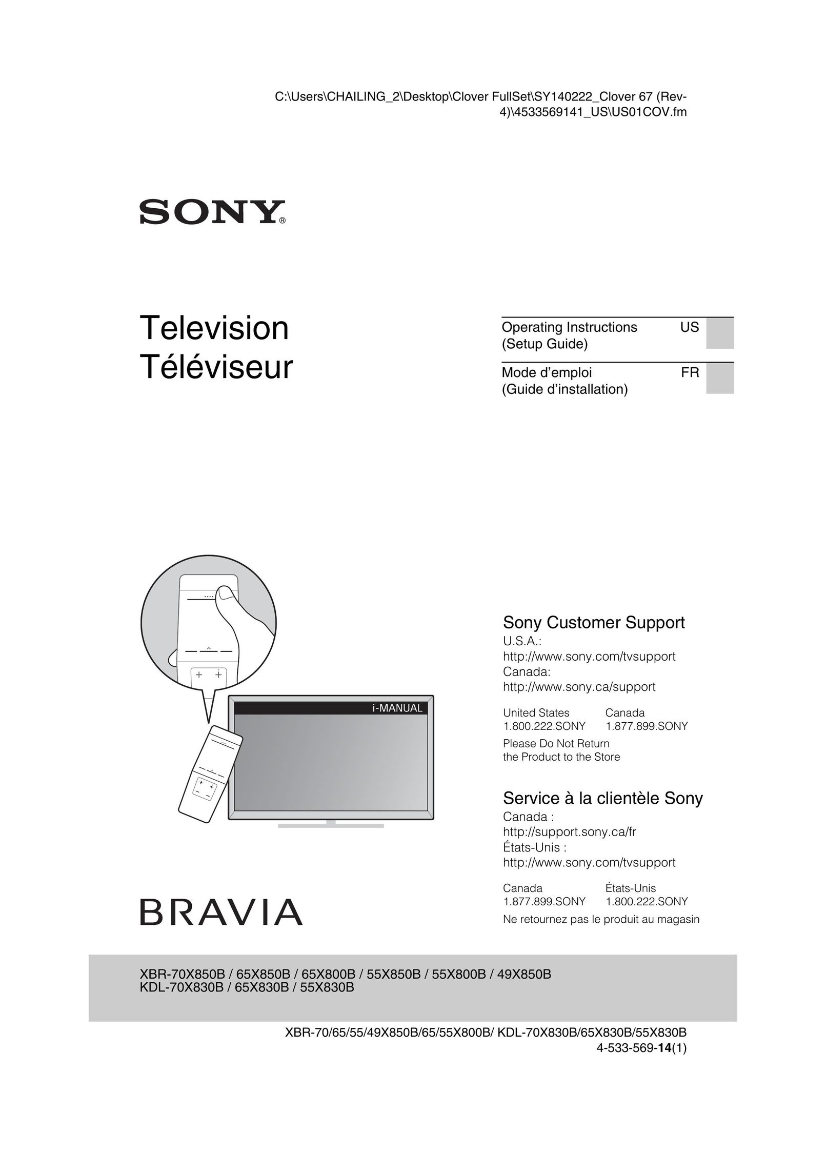 Sony KDL-55X830B Car Satellite TV System User Manual