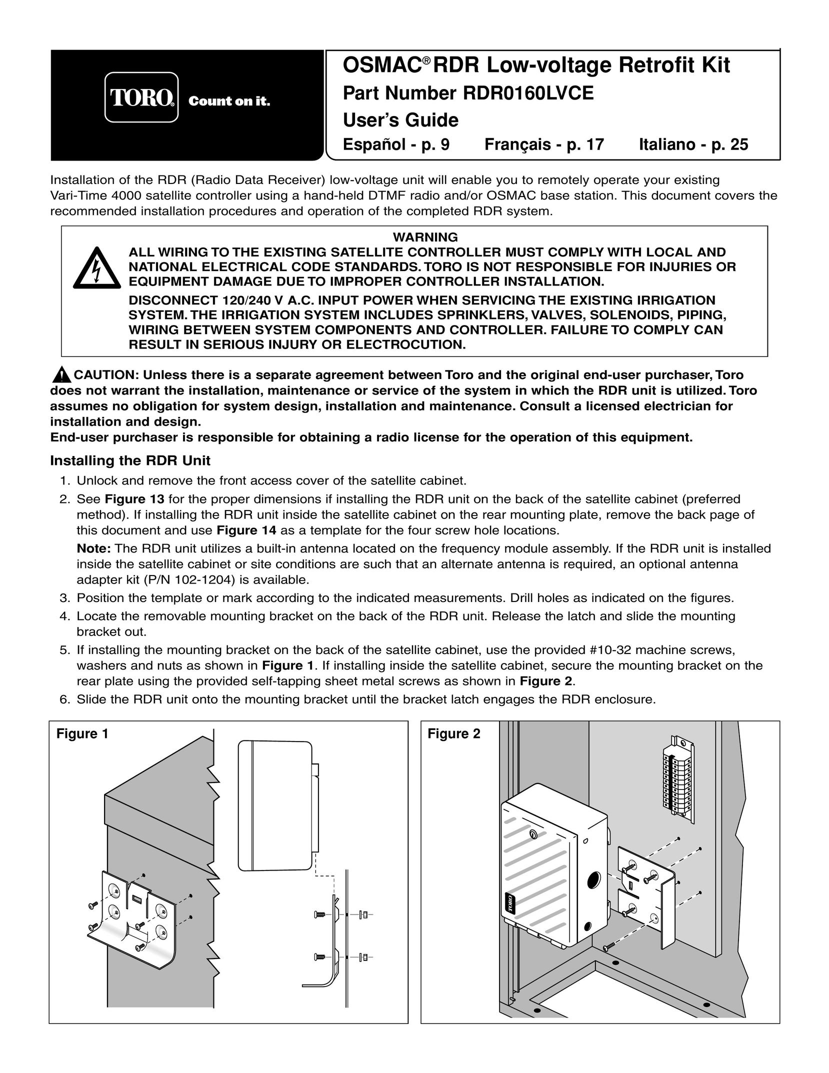 Toro RDR0160LVCE Car Satellite TV System User Manual