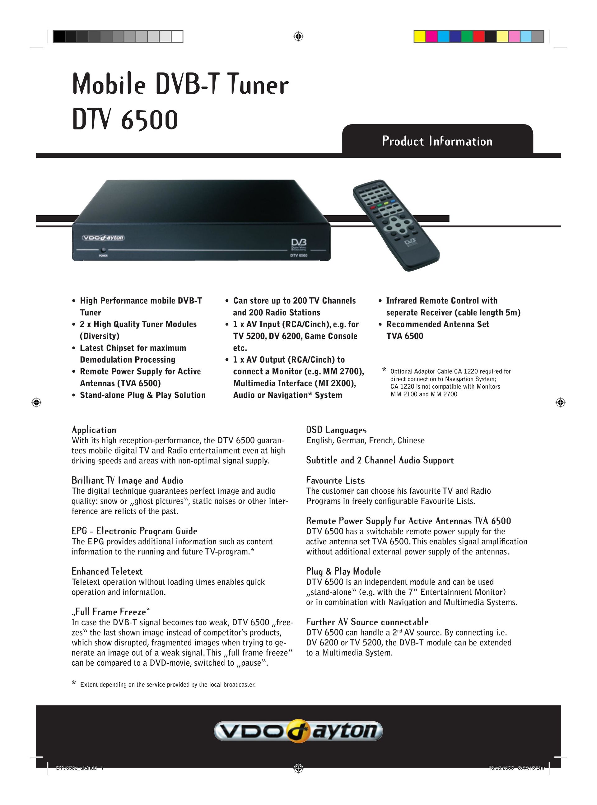VDO Dayton DTV 6500 Car Satellite TV System User Manual