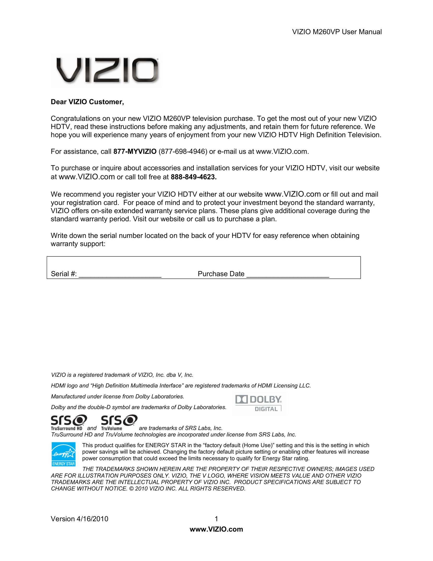 Vizio M260VP Car Satellite TV System User Manual