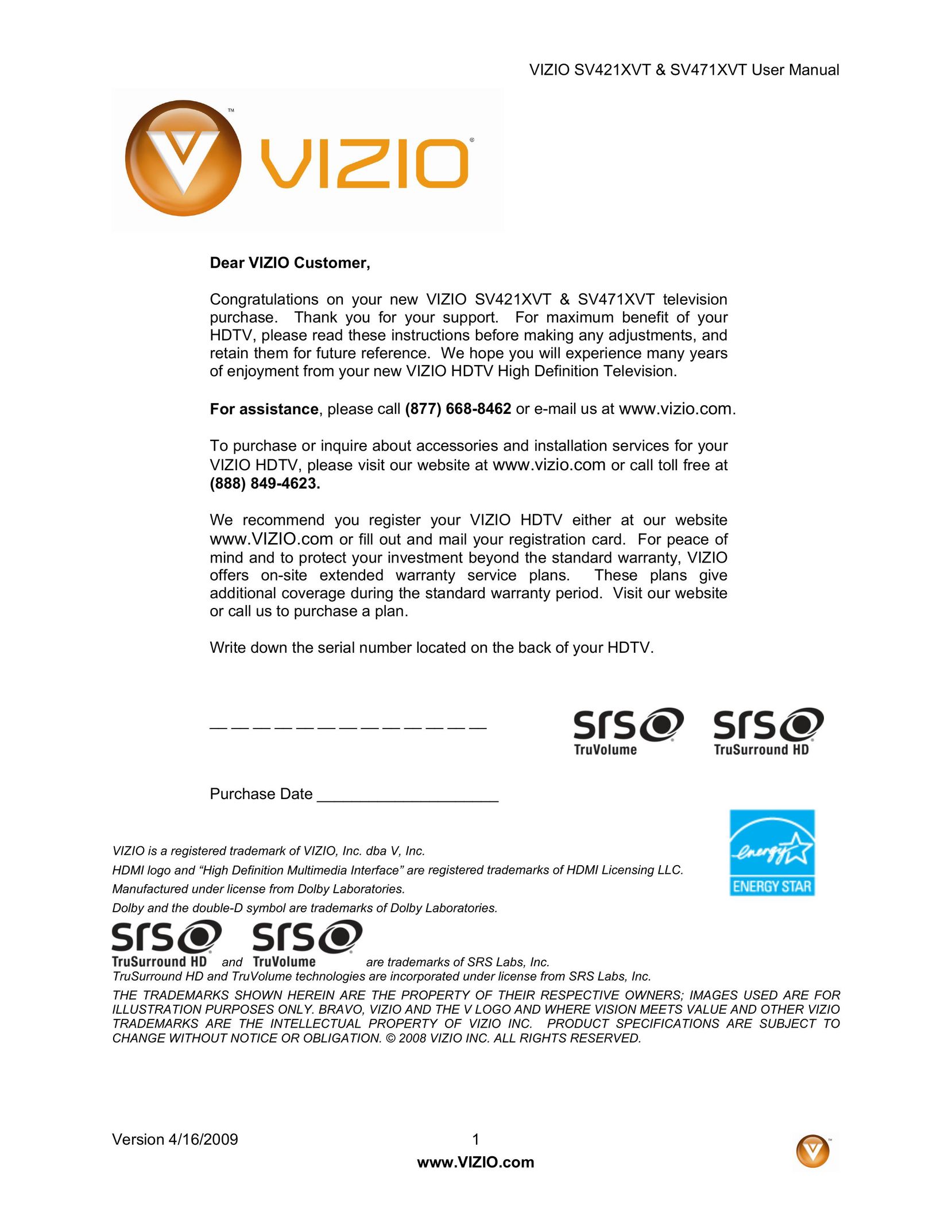 Vizio SV421XVT Car Satellite TV System User Manual
