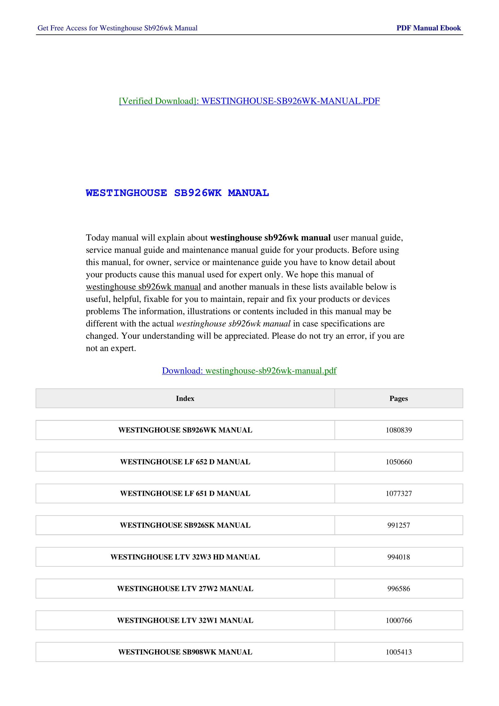 Westinghouse SB926WK Car Satellite TV System User Manual