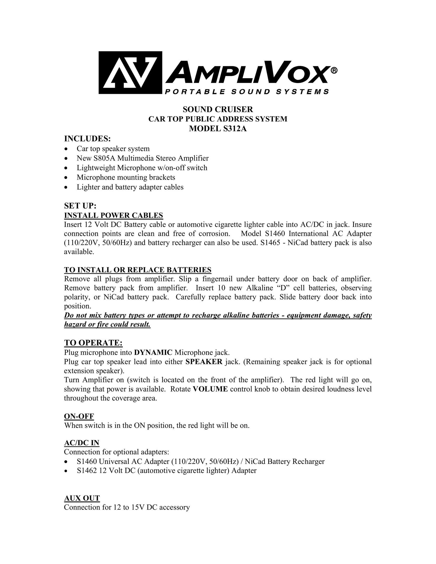 AmpliVox S312A Car Speaker User Manual