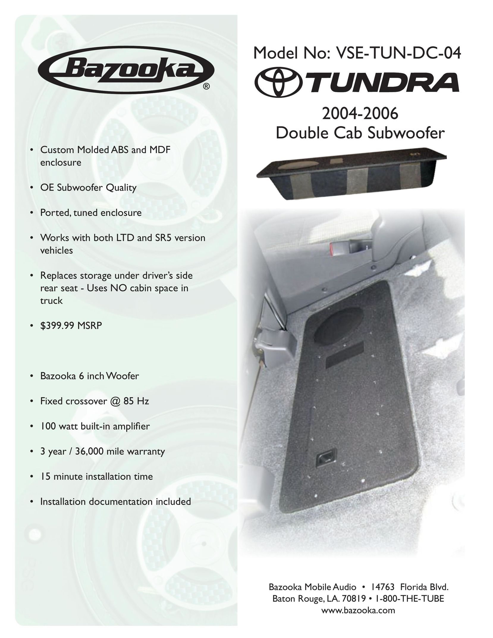Bazooka VSE-TUN-DC-04 Car Speaker User Manual