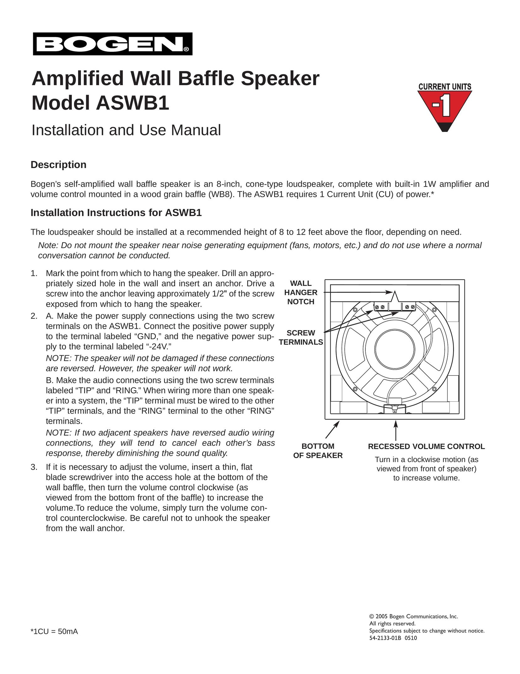 Bogen Model ASWB1 Car Speaker User Manual