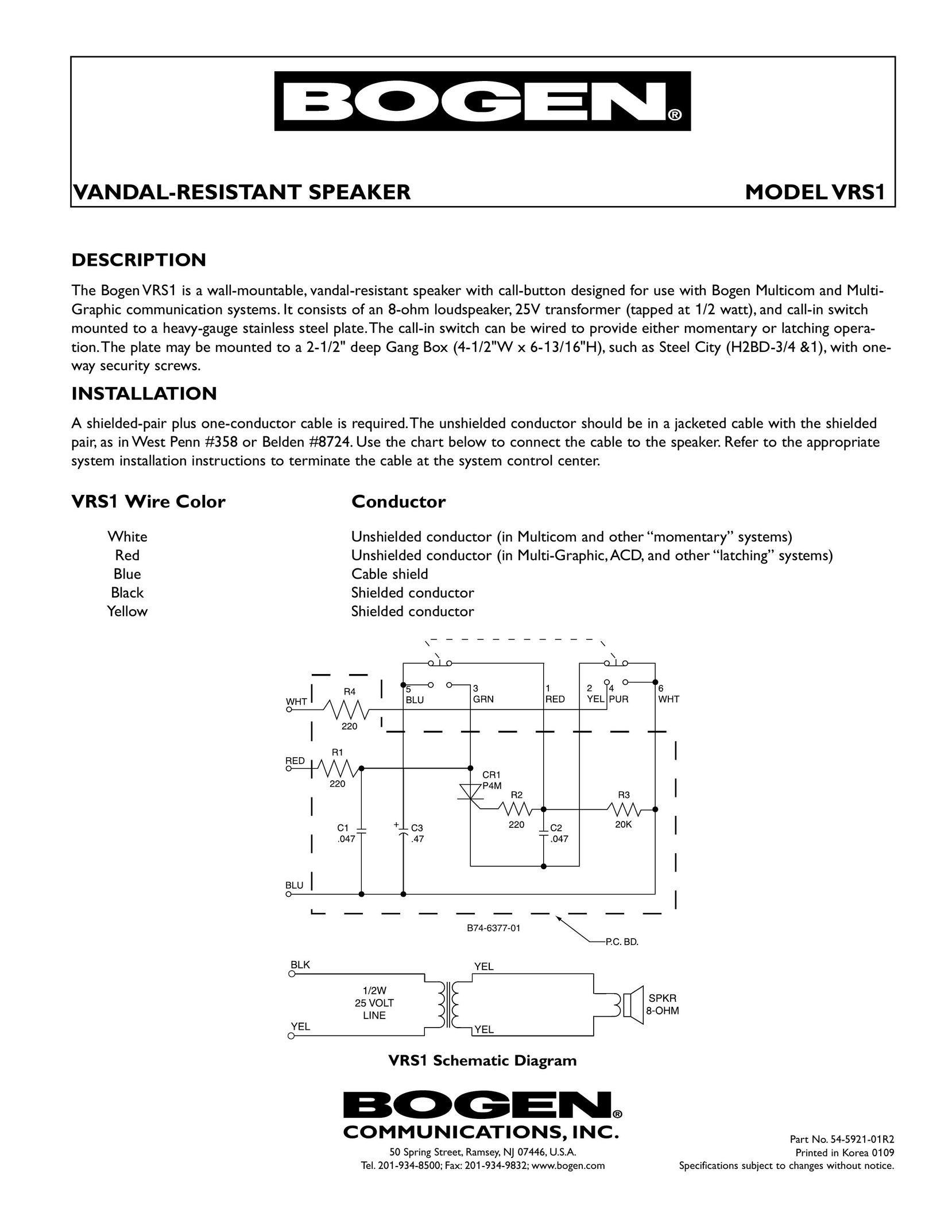 Bogen VRS1 Car Speaker User Manual