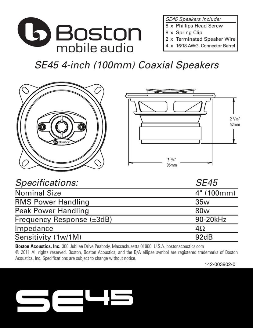 Boston Acoustics SE45 Car Speaker User Manual