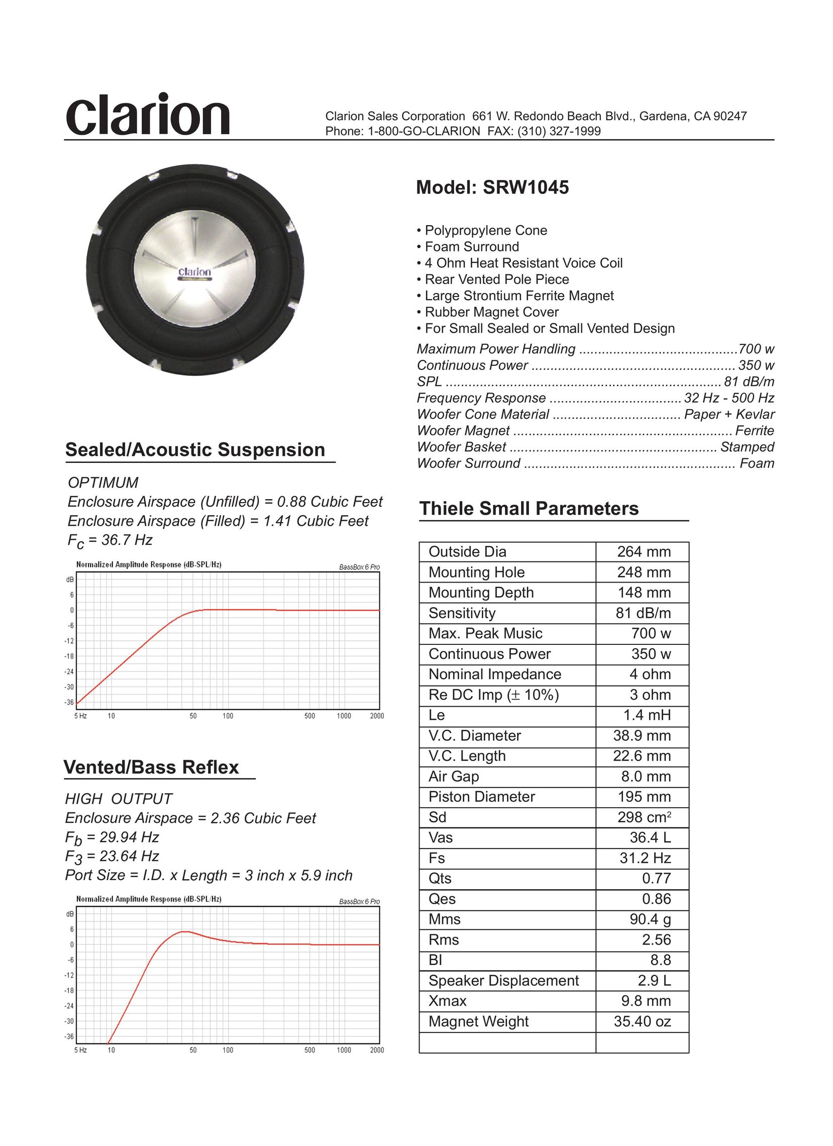 Clarion SRW1045 Car Speaker User Manual