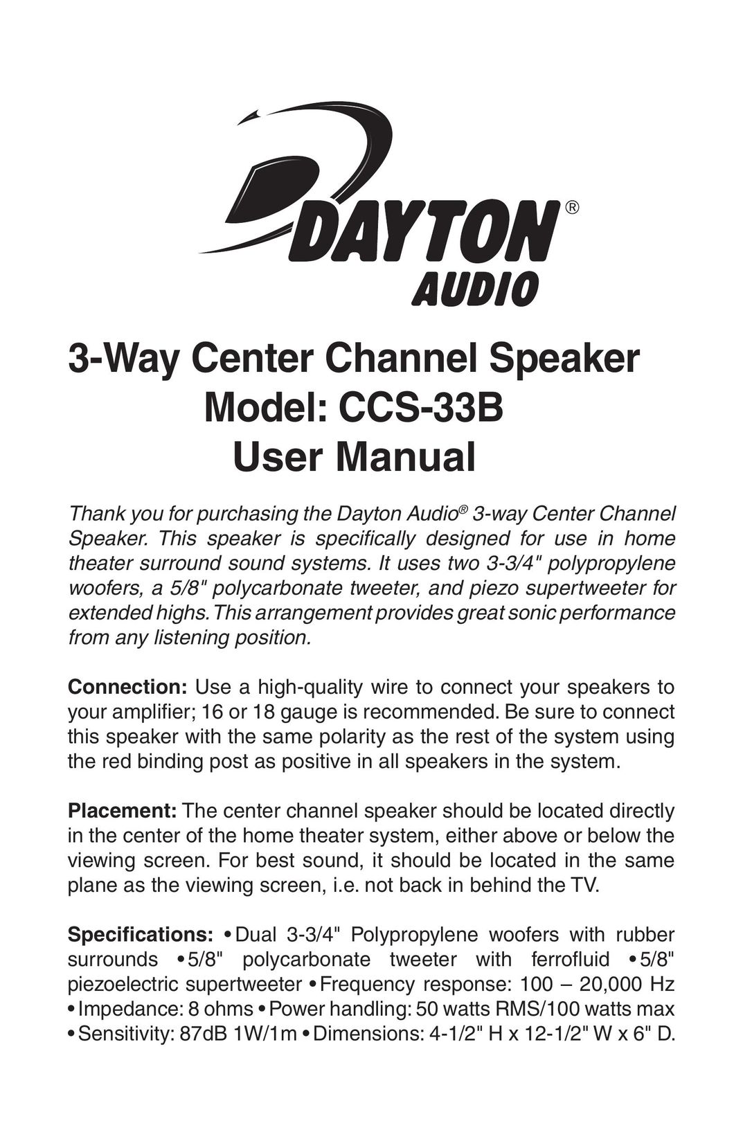 Dayton CCS-33B Car Speaker User Manual