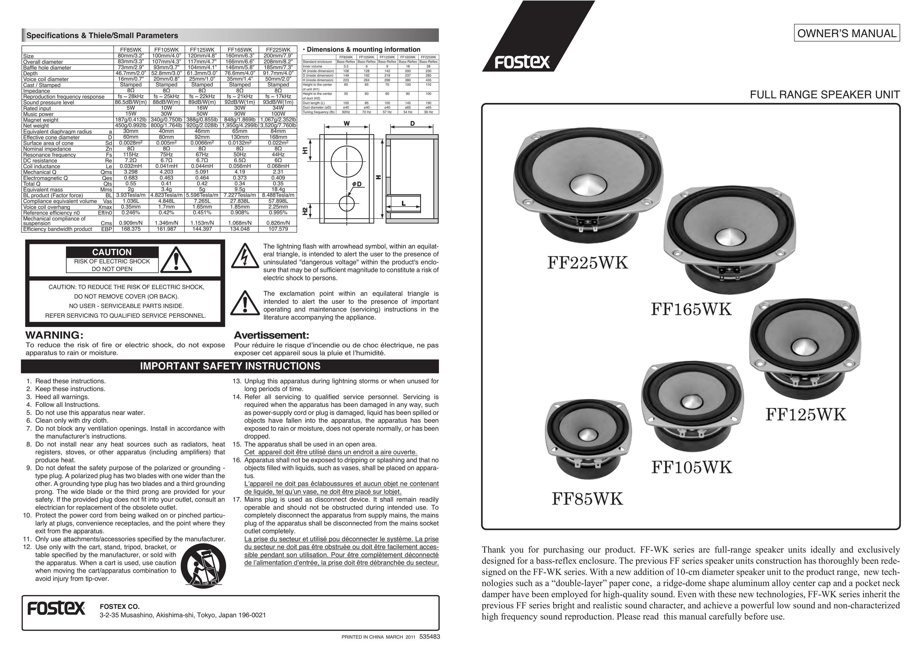 Fostex FF165WK Car Speaker User Manual