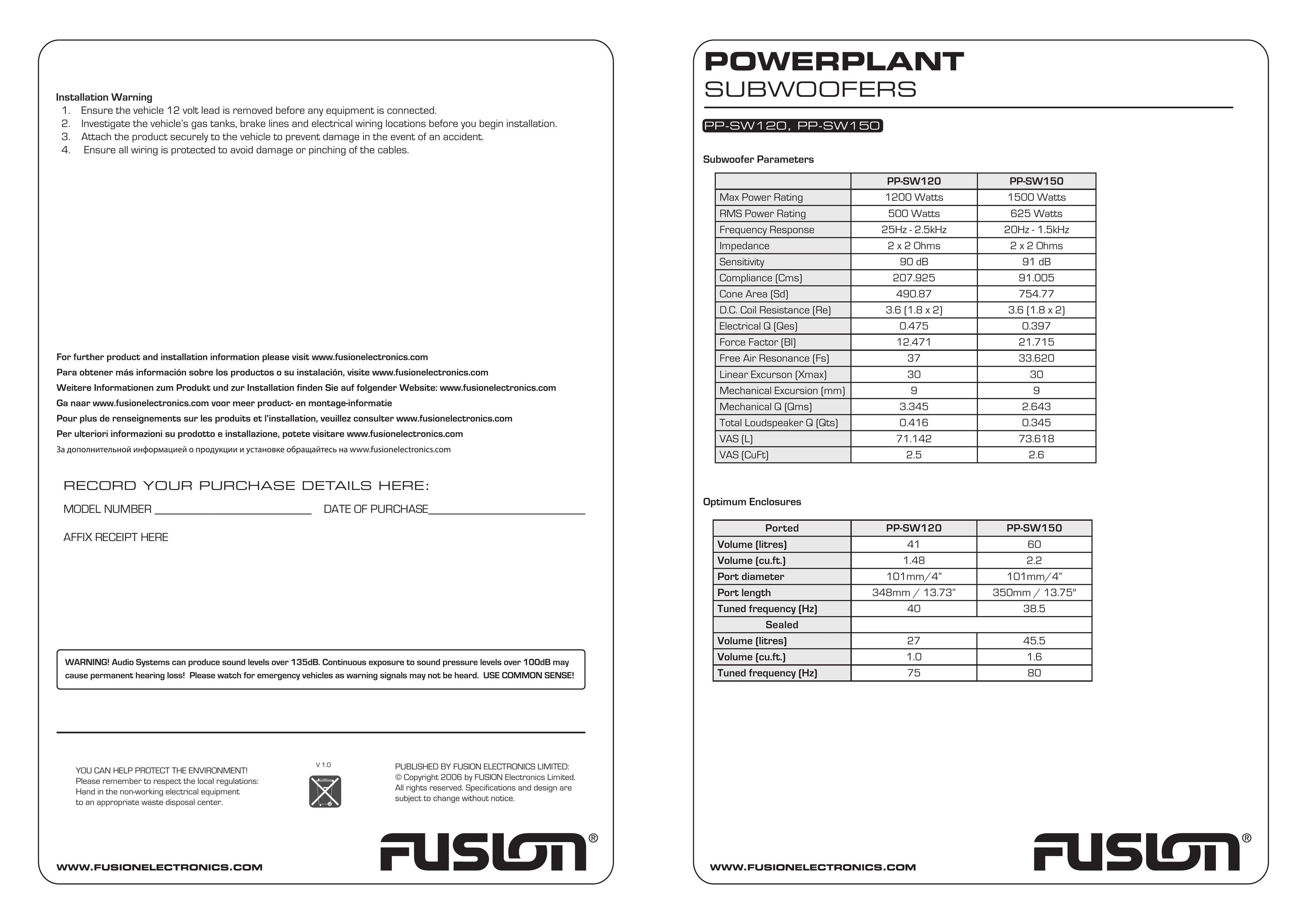 Fusion PP-SW150 Car Speaker User Manual