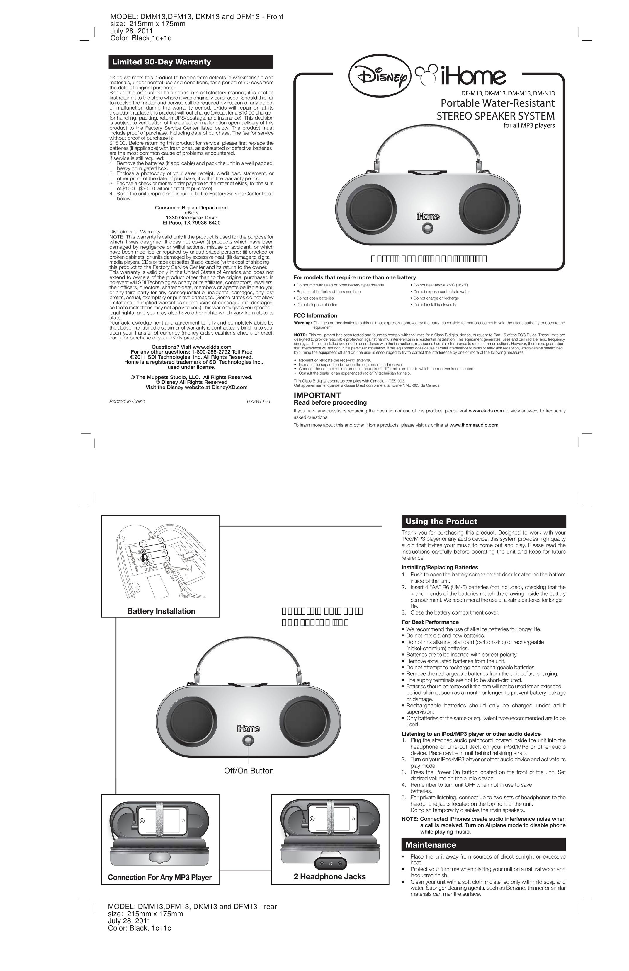 iHome DMM13 Car Speaker User Manual