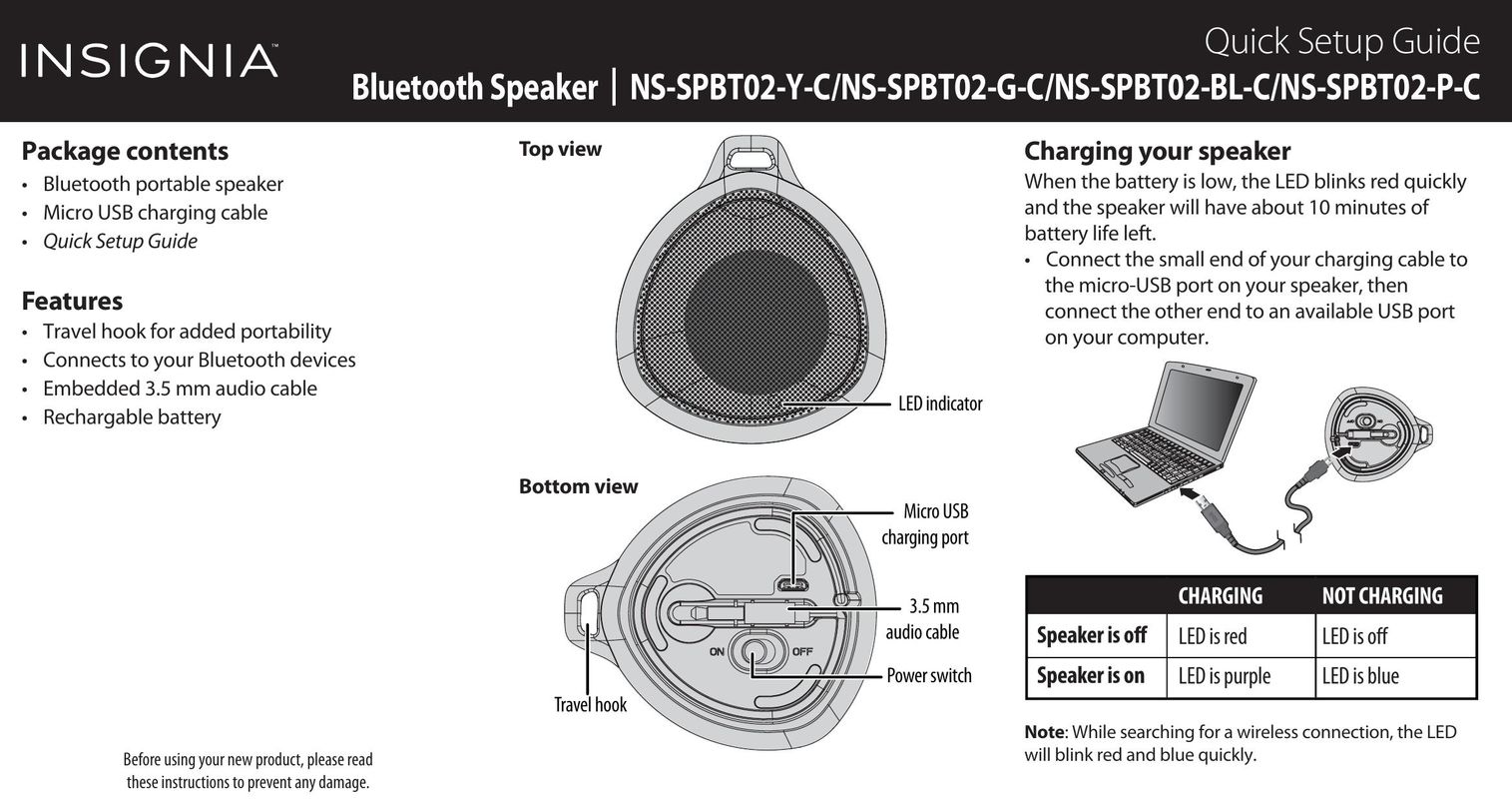 Insignia NS-SPBT02-Y-C/NS-SPBT02-G-C/NS-SPBT02-BL-C/NS-SPBT02-P-C Car Speaker User Manual