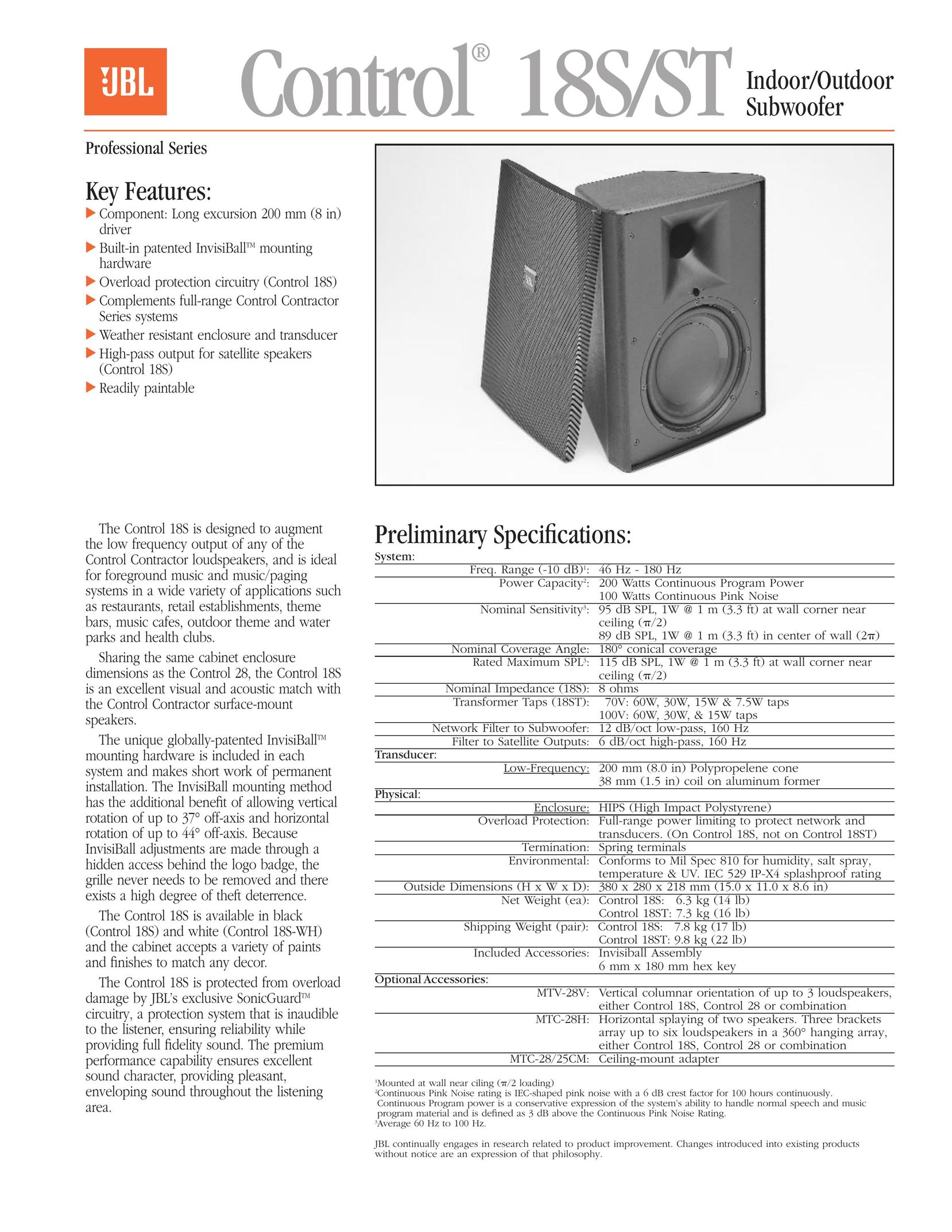 JBL Professional 18S/ST Car Speaker User Manual