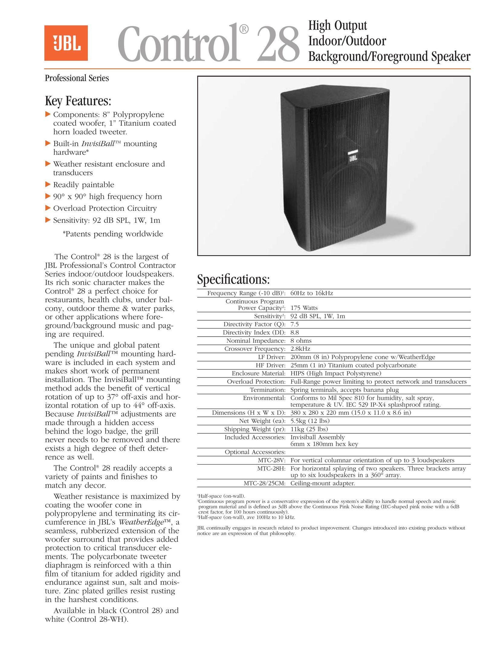 JBL Professional Control 28 Car Speaker User Manual