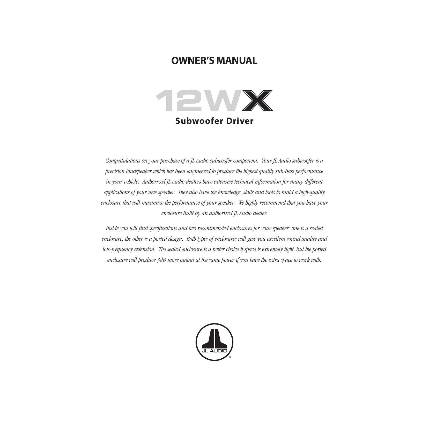 JL Audio 12WX Car Speaker User Manual