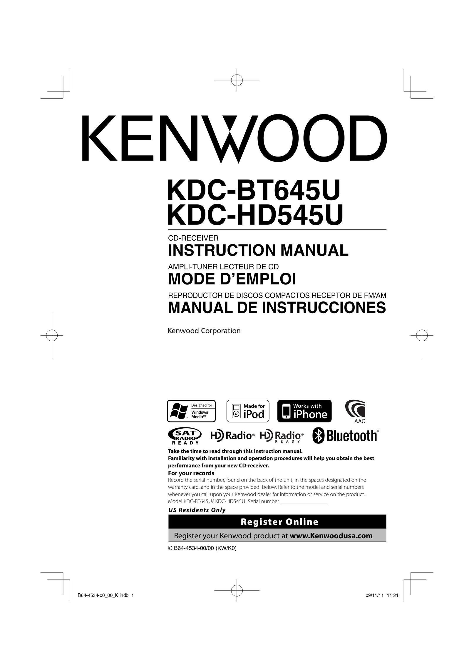 Kenwood KDC-HD545U Car Speaker User Manual