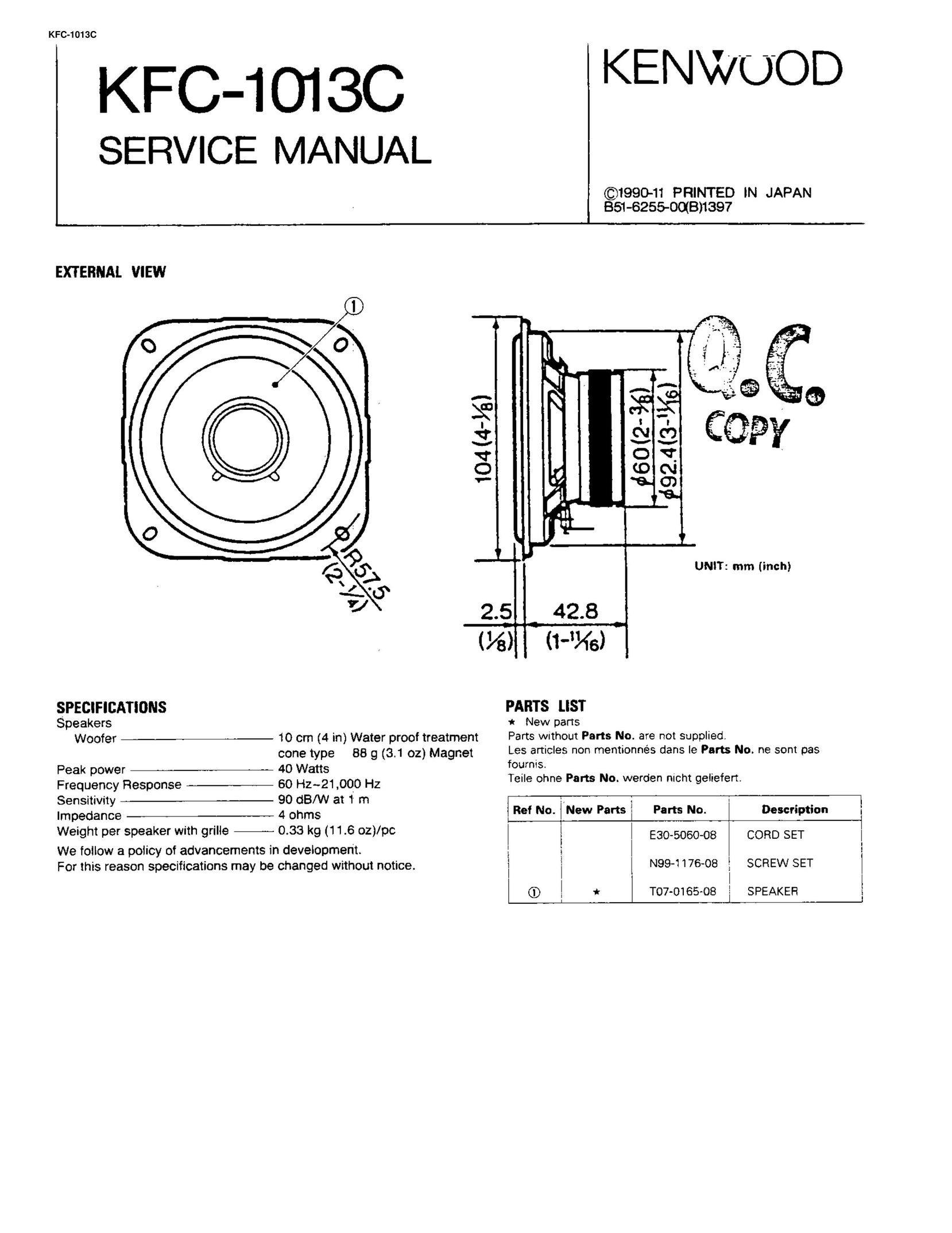Kenwood KFC-1013C Car Speaker User Manual