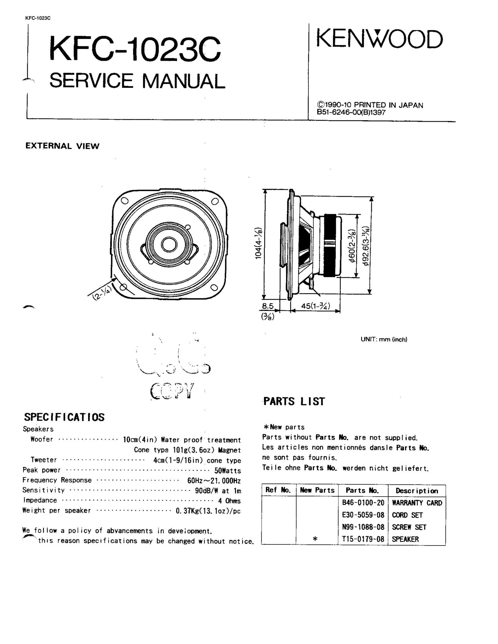 Kenwood KFC-1023C Car Speaker User Manual