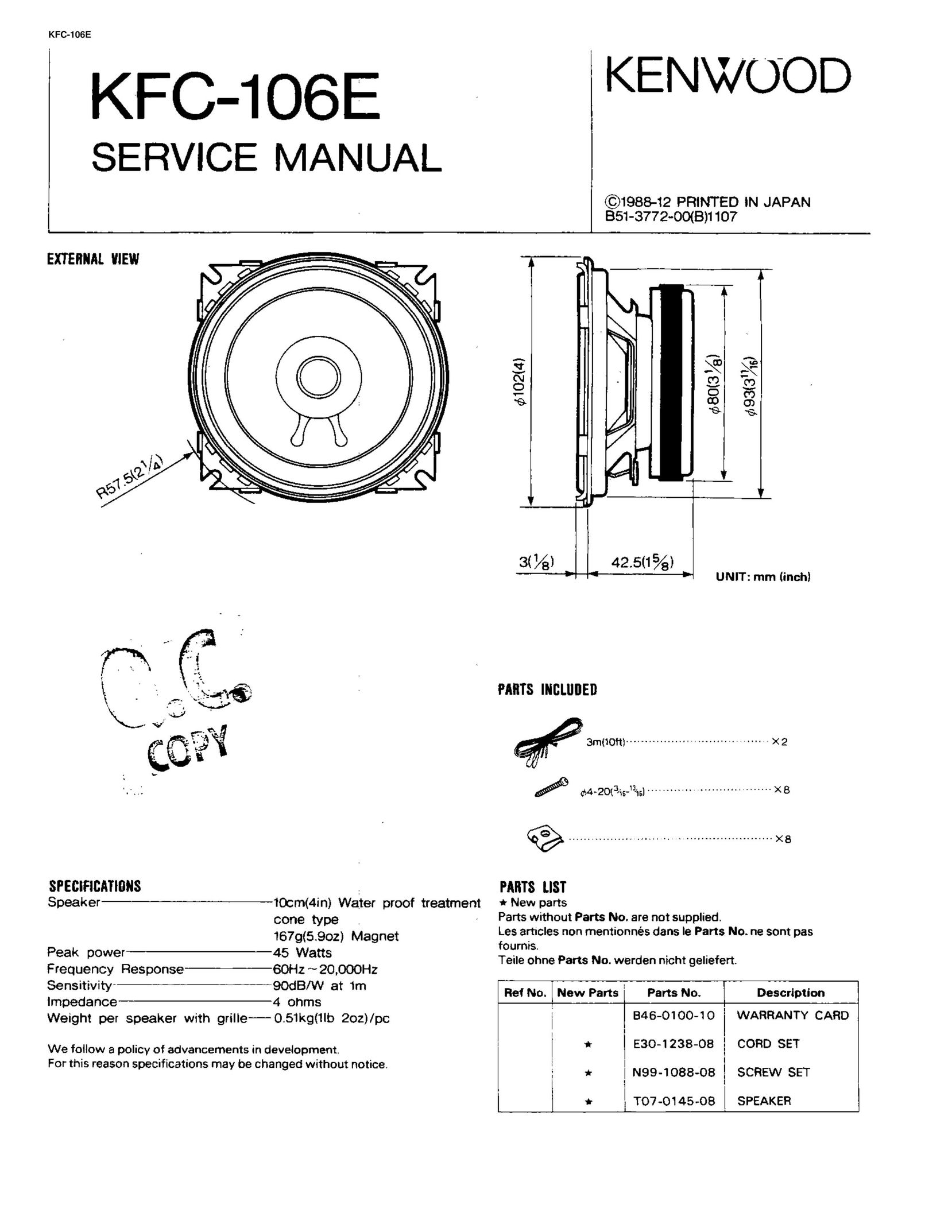 Kenwood KFC-106E Car Speaker User Manual
