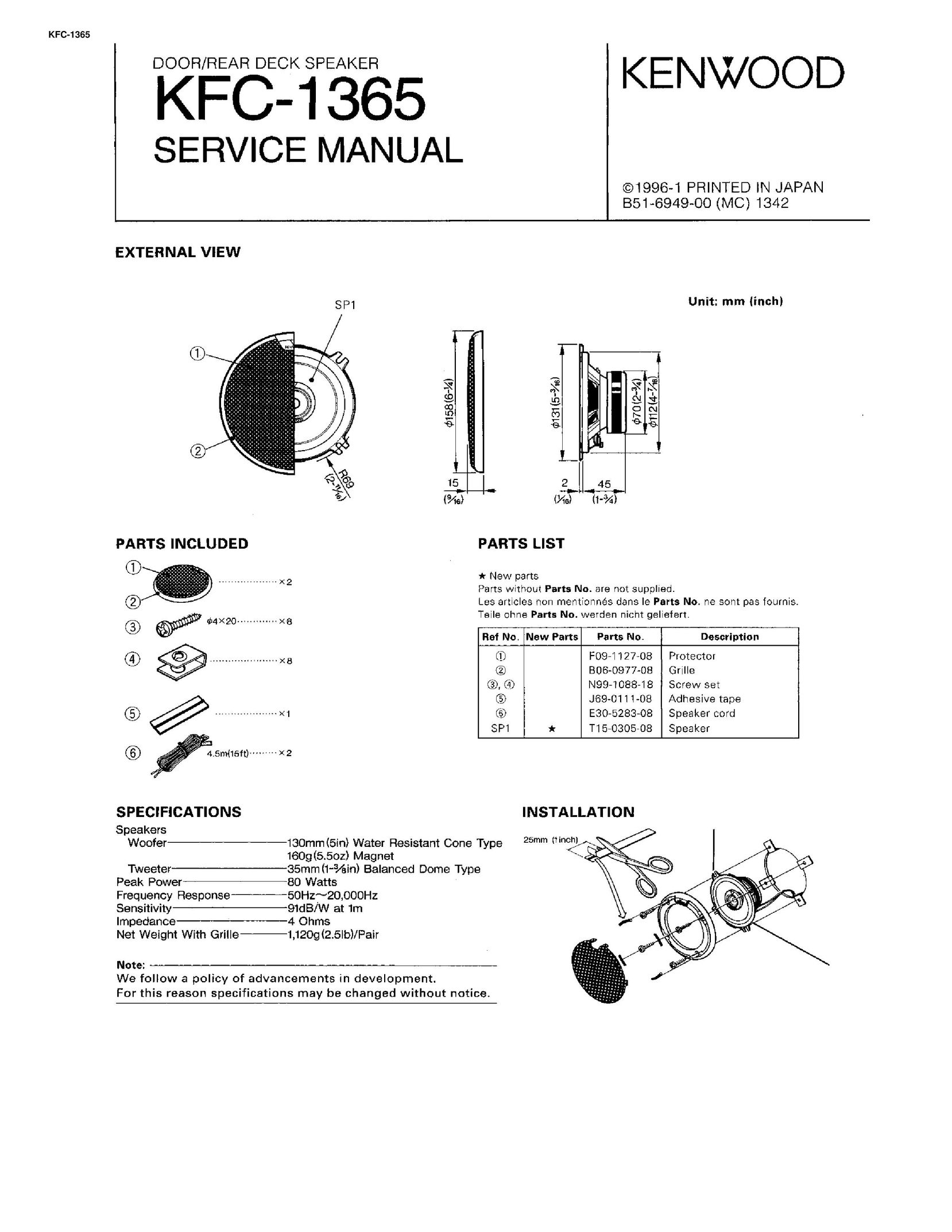 Kenwood KFC-1365 Car Speaker User Manual