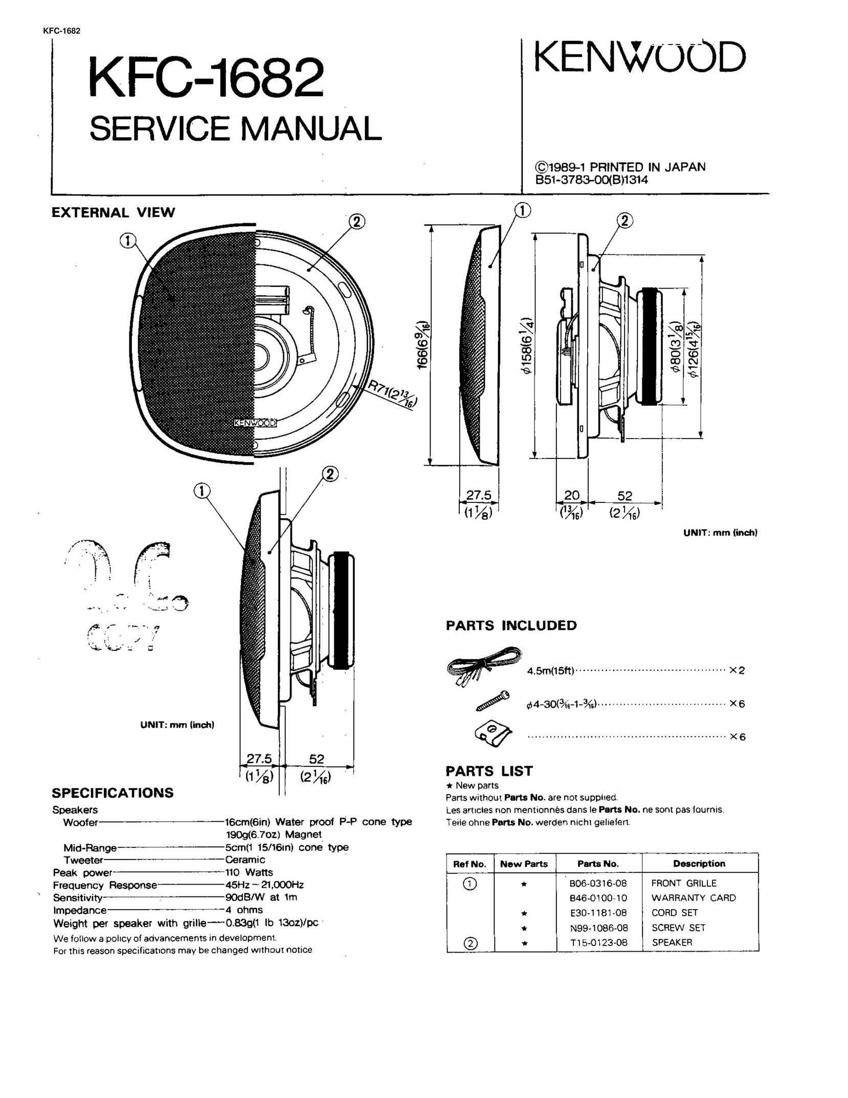Kenwood KFC-1682 Car Speaker User Manual
