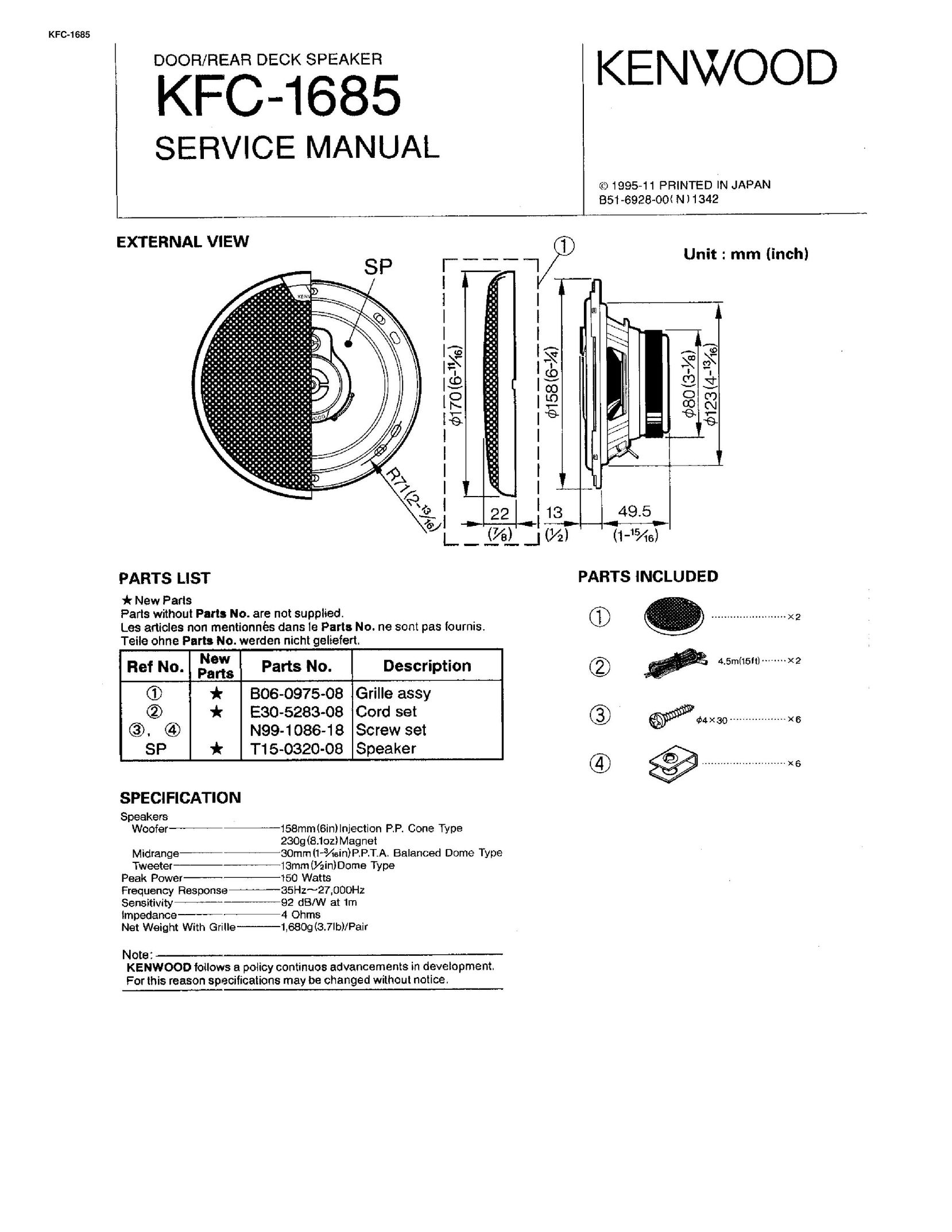 Kenwood KFC-1685 Car Speaker User Manual