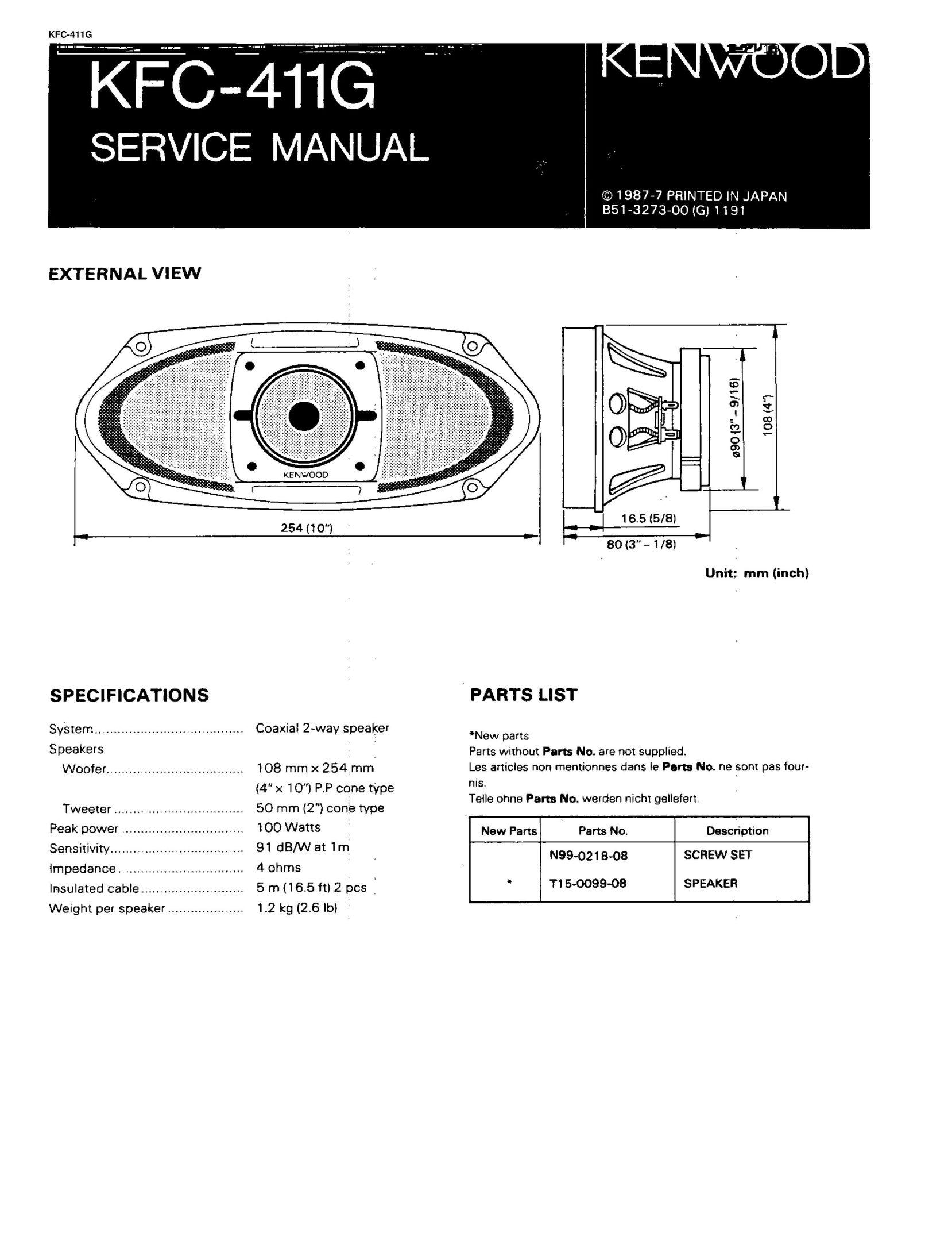 Kenwood KFC-411G Car Speaker User Manual