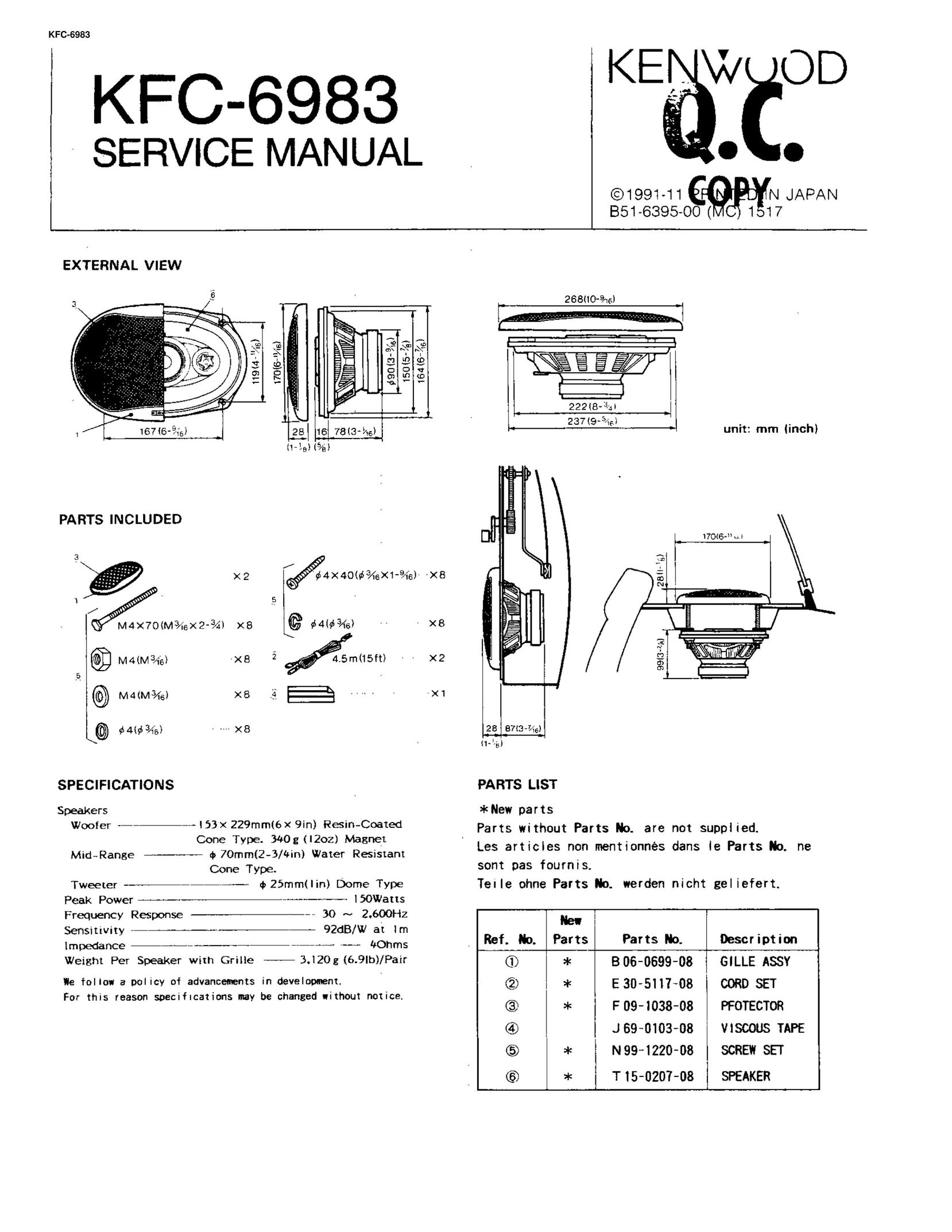 Kenwood KFC-6983 Car Speaker User Manual