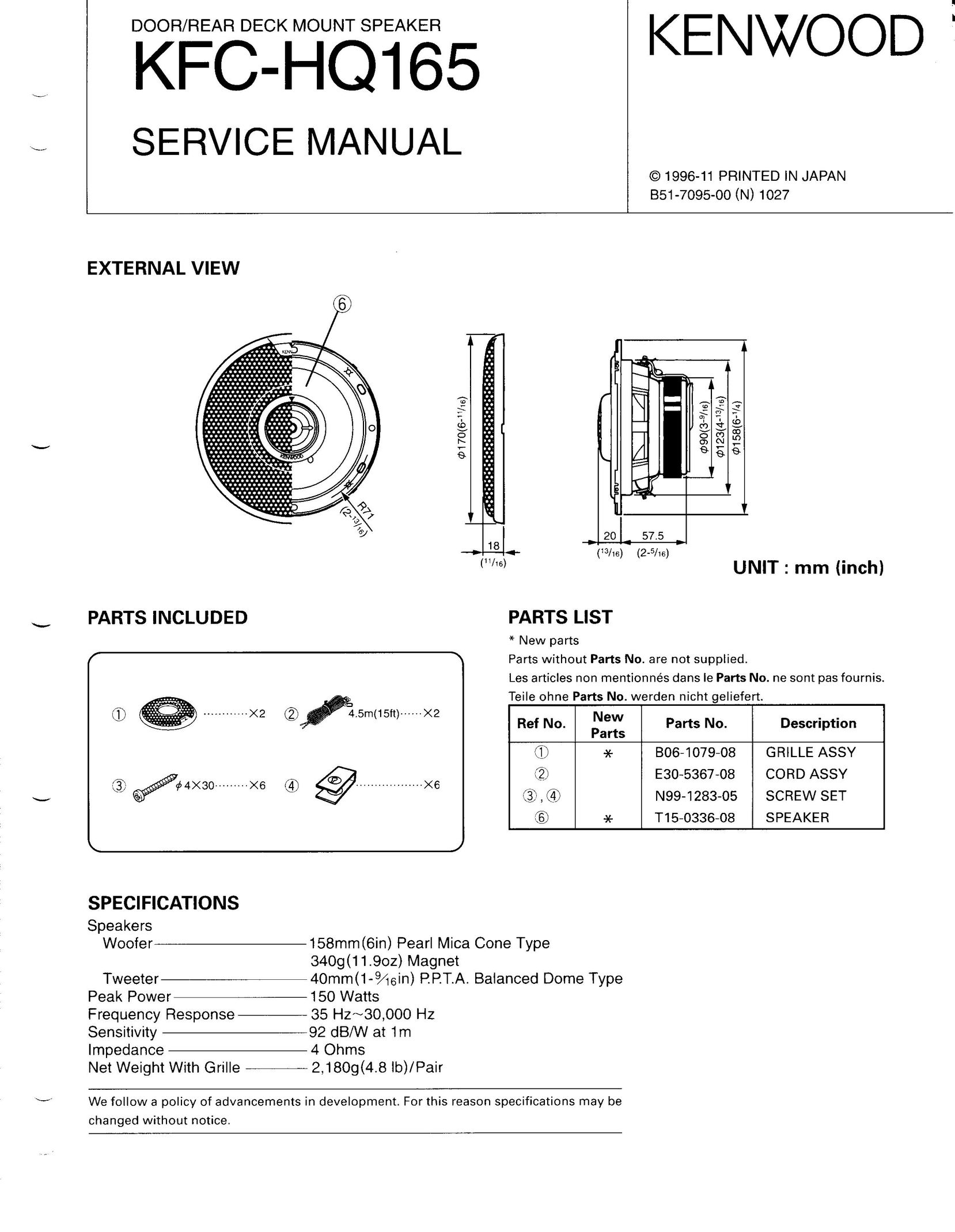 Kenwood KFC-HQ165 Car Speaker User Manual